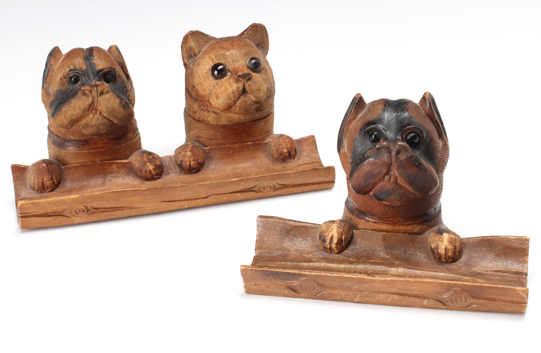 TWO DOG HEAD FIGURAL CARVED WOOD INK WELL PEN HOLDERS