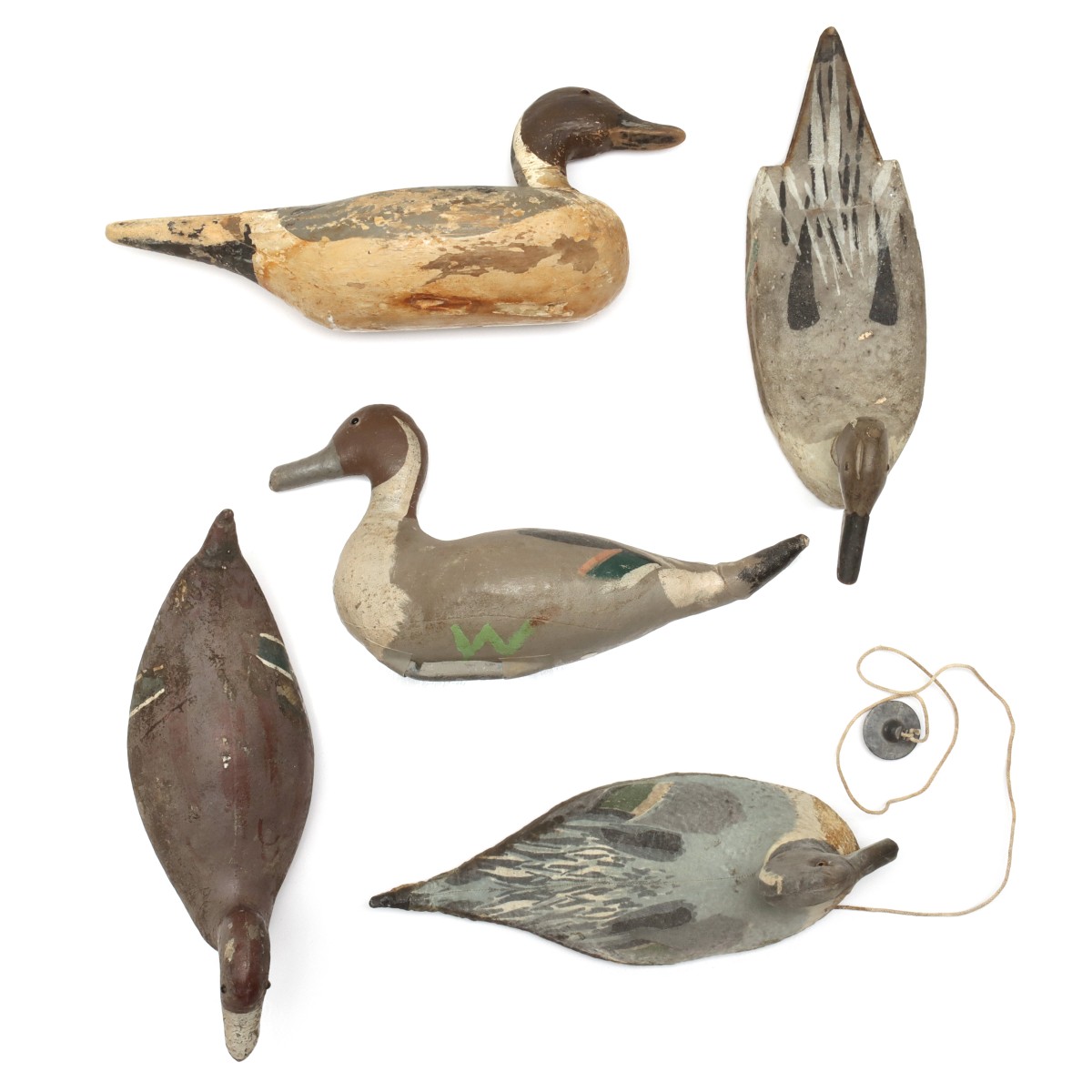 FIVE VARIOUS PAINTED WOOD & CANVAS PINTAIL DUCK DECOYS