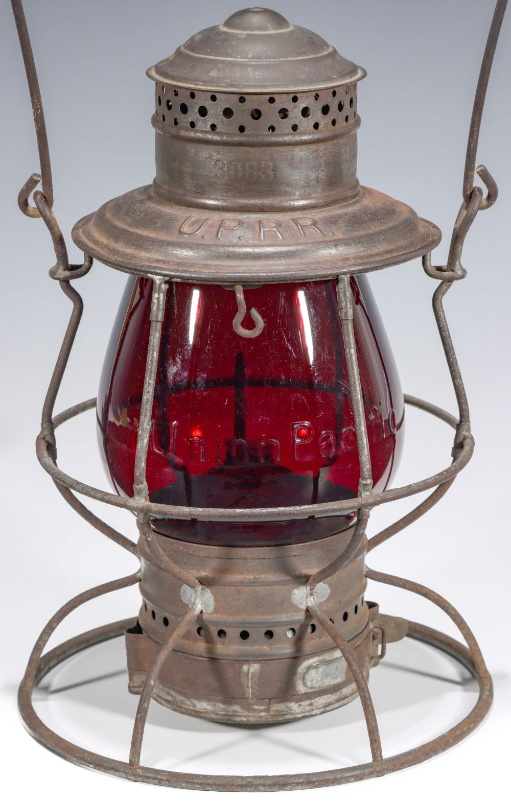 A RARE LANTERN WITH TALL RED GLOBE CAST Union Pacific