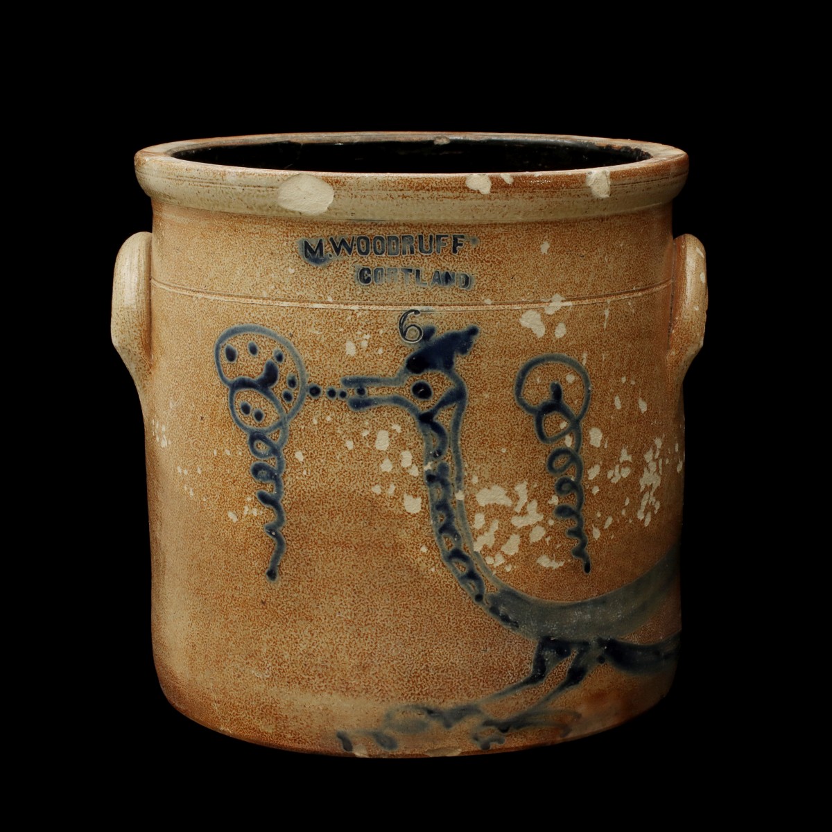 A WOODRUFF BLUE DECORATED CROCK WITH MYTHICAL BIRD