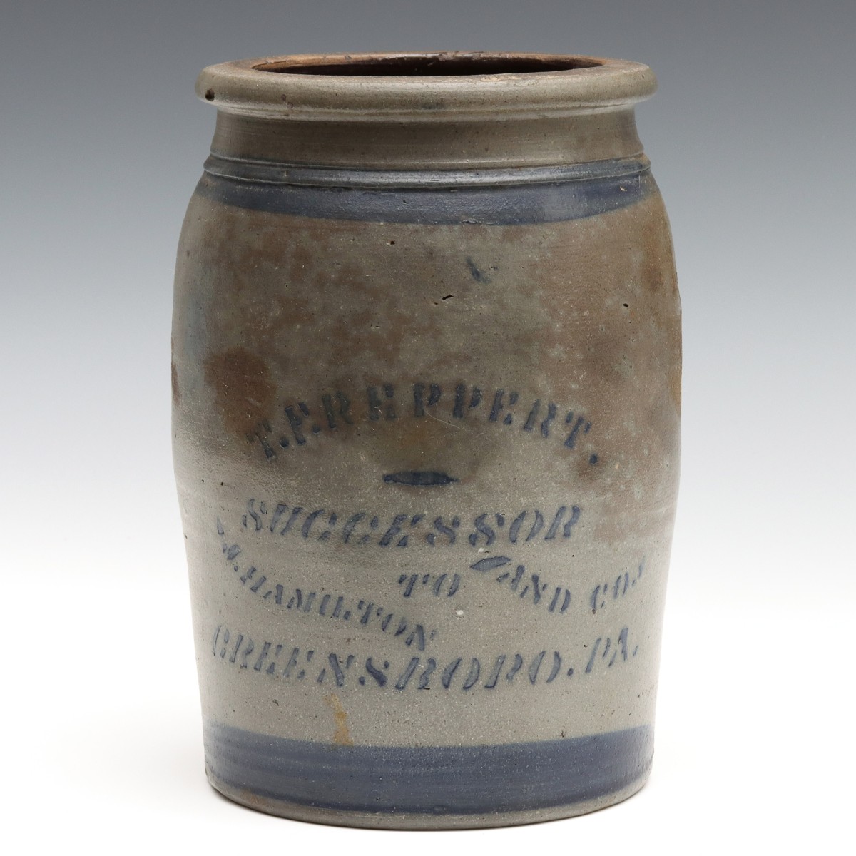 A 19TH C. BLUE DECORATED T.F. REPPERT STONEWARE JAR