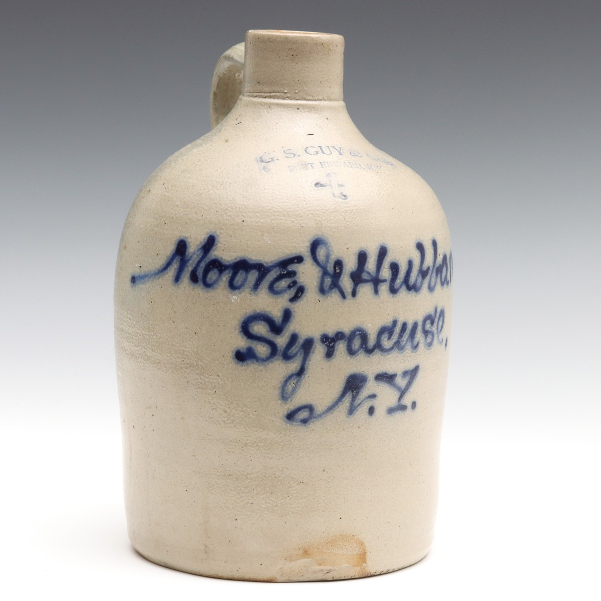 A BLUE DECORATED MERCHANT'S JUG FOR MOORE & HUBBARD