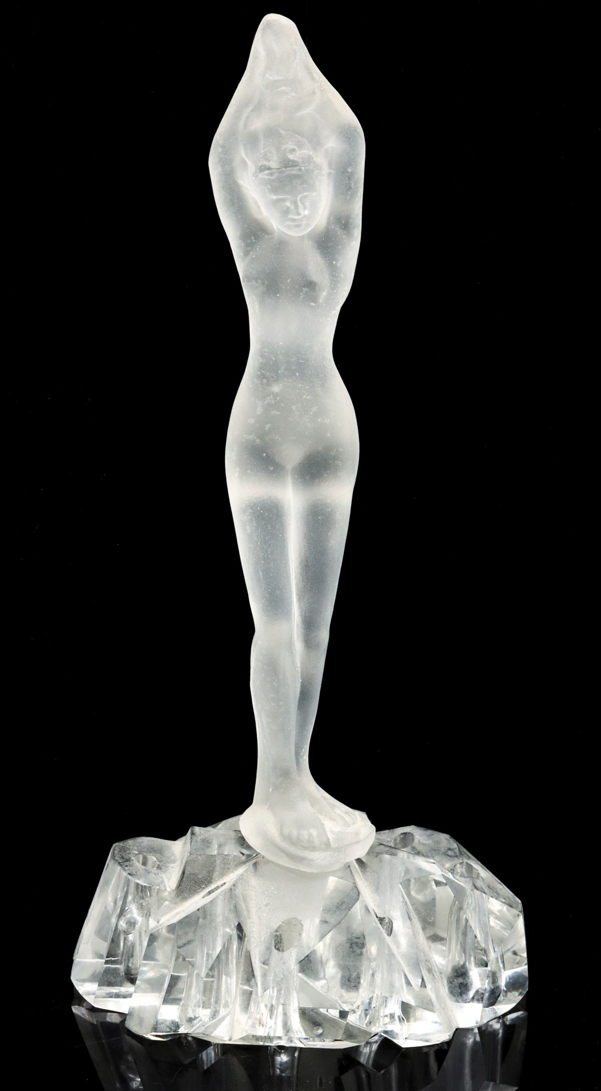 AN ART DECO FROSTED AND CUT BATHER FIGURAL FLOWER FROG
