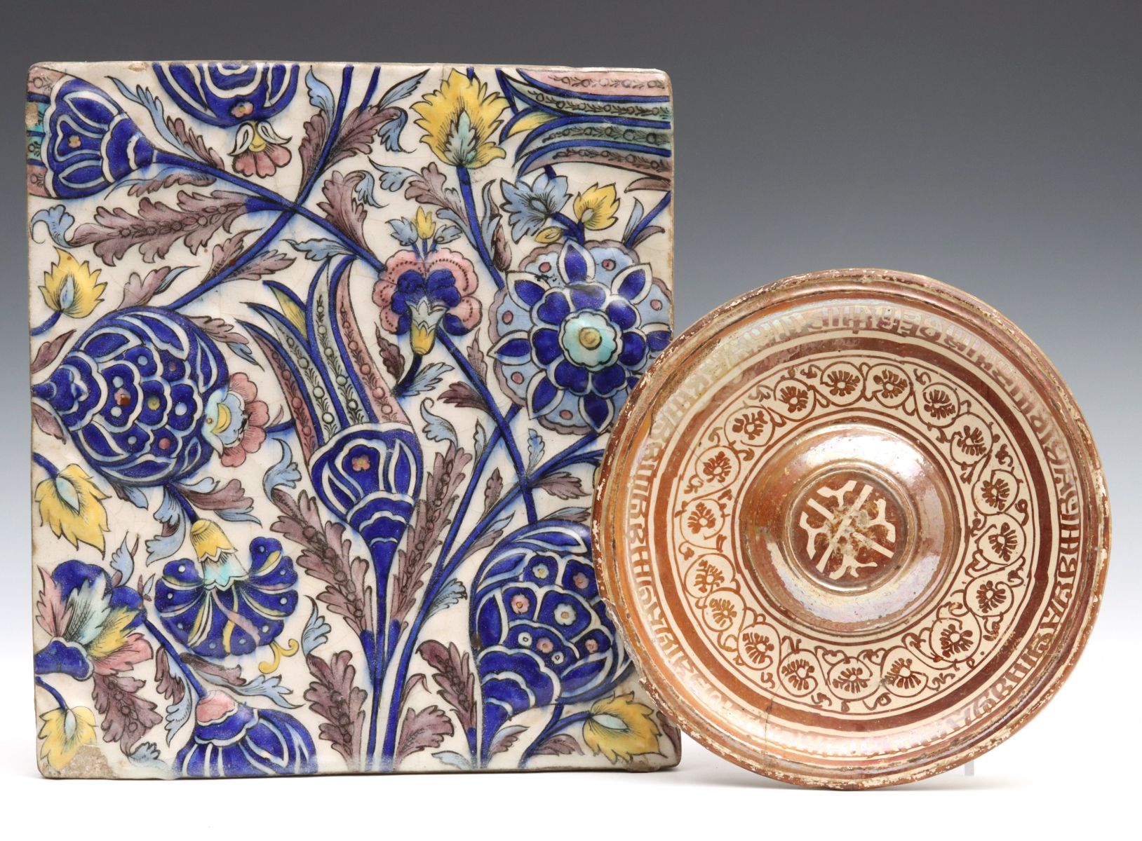 LATE 18TH/EARLY 19TH C. PERSIAN FAIENCE TILE AND PLATE