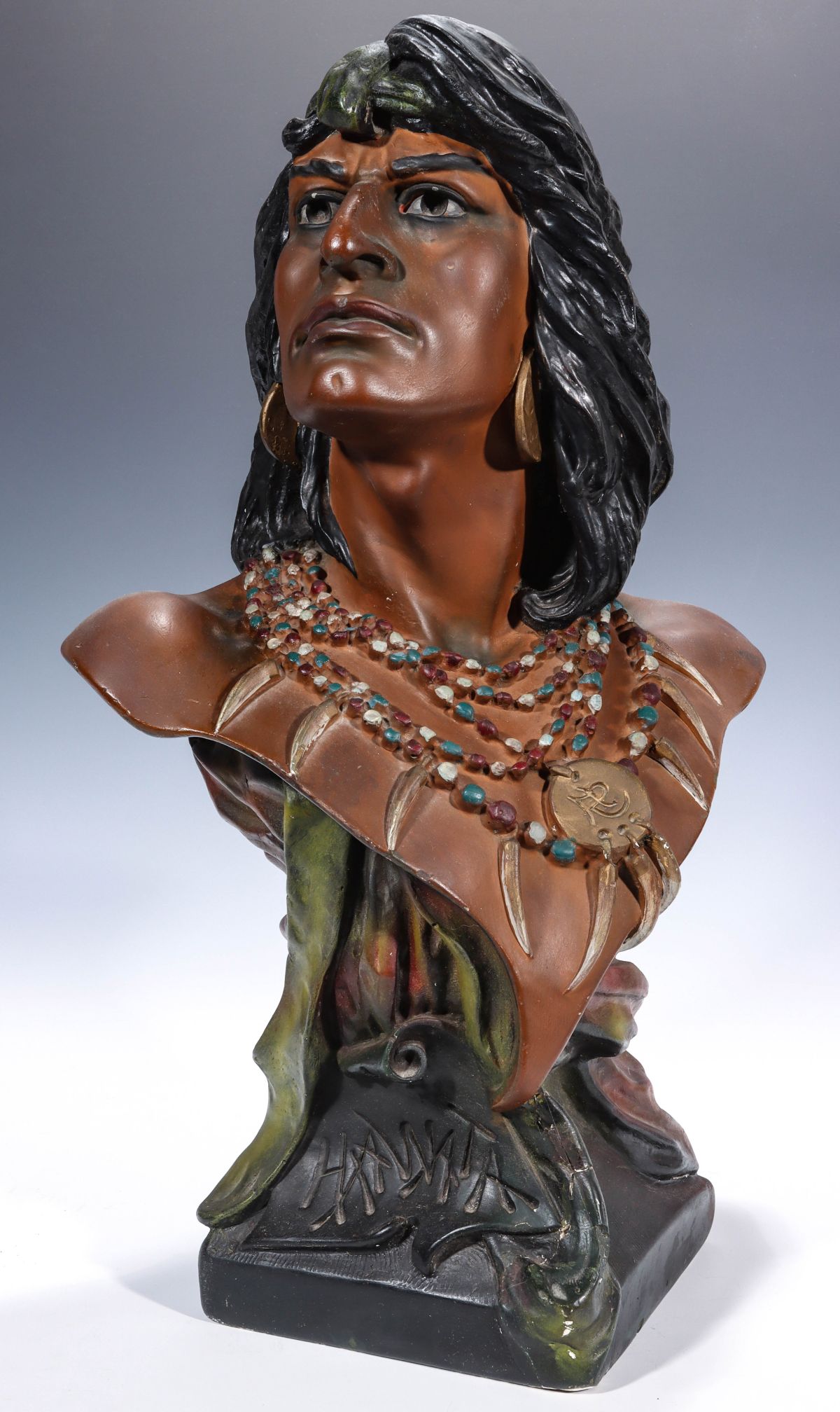 EARLY 20C. POLYCHROME PLASTER CIGAR STORE INDIAN BUST