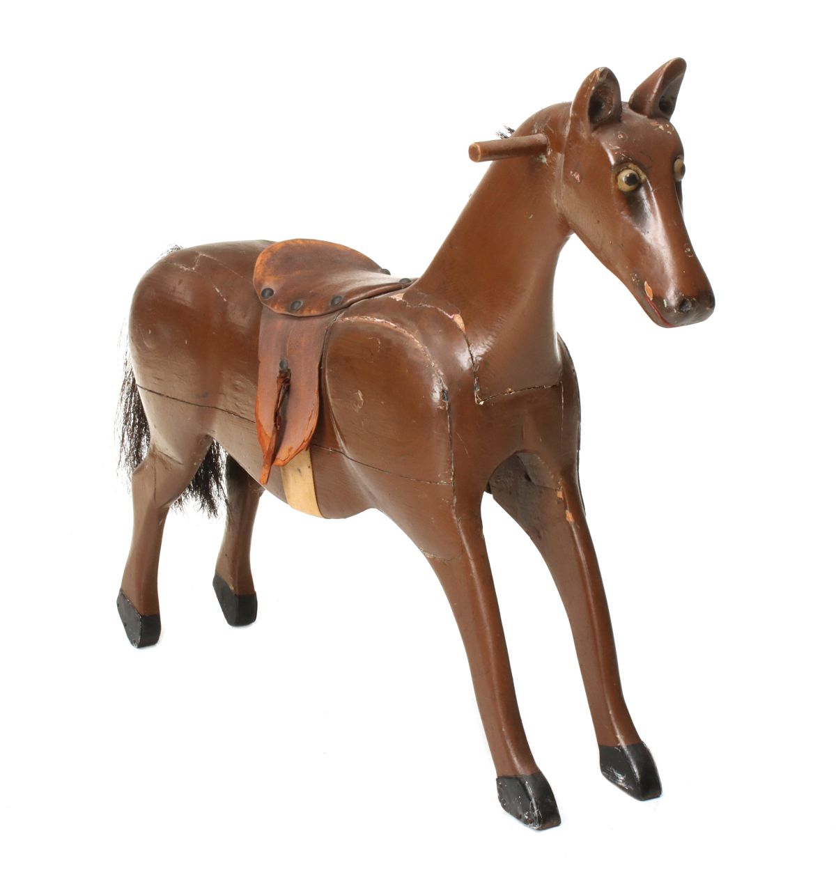 AN EARLY 20C. JOINED AND CARVED WOOD RIDE-ON TOY HORSE