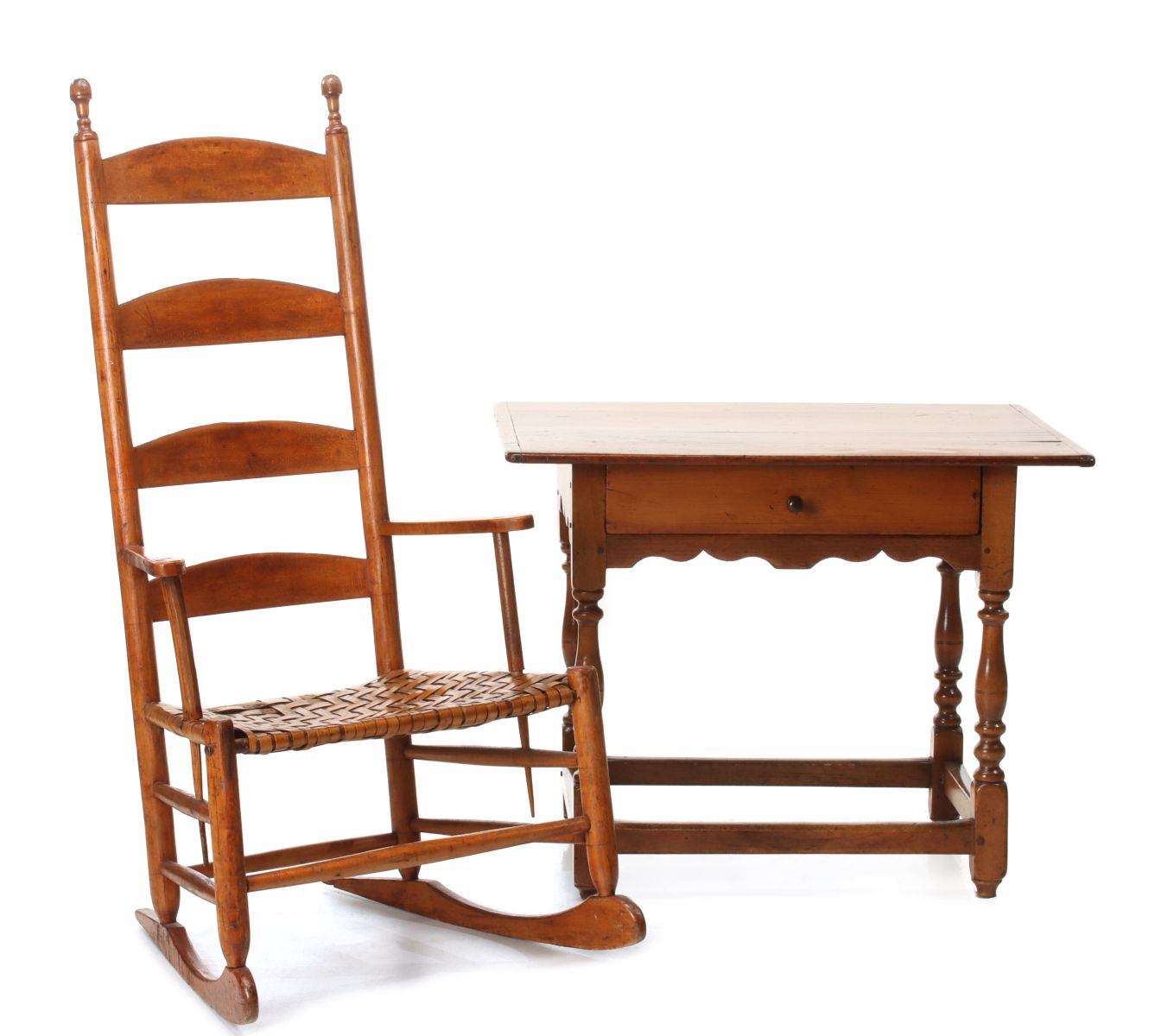 A MAPLE LADDER BACK ROCKING CHAIR WITH TAVERN TABLE