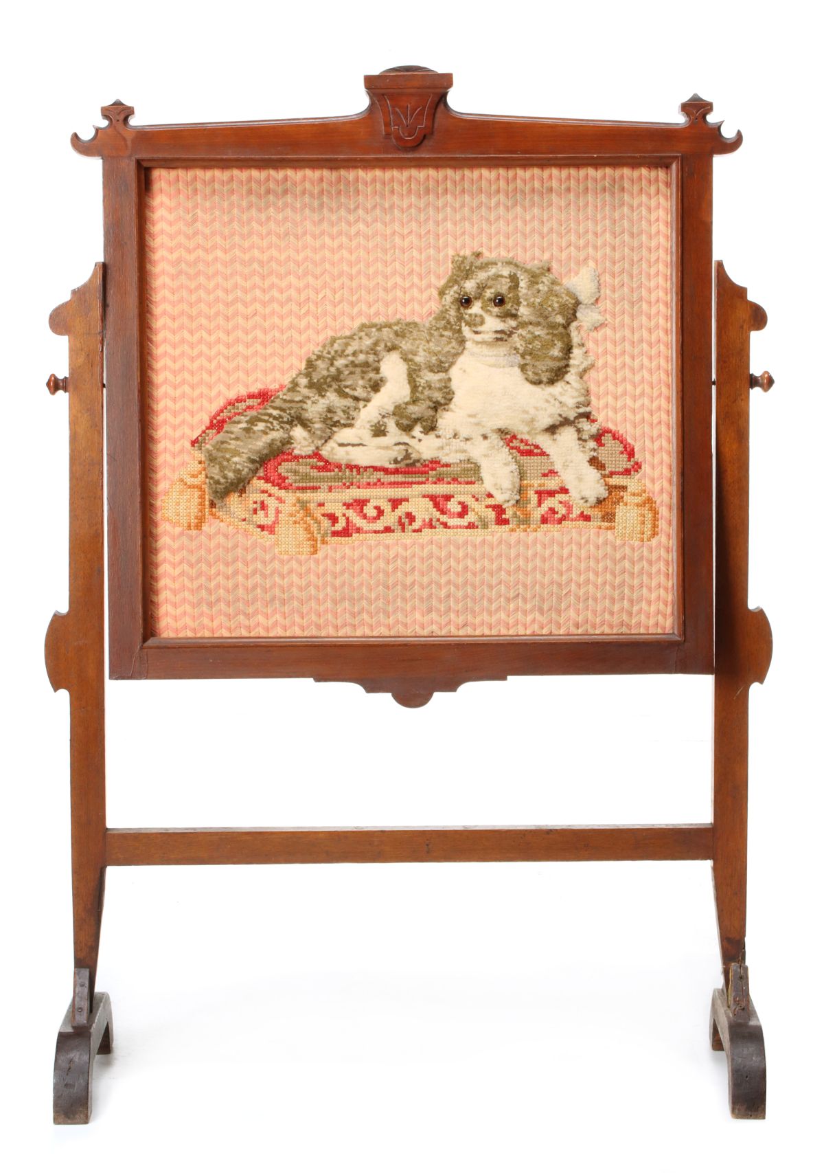 A 19TH CENTURY WALNUT VICTORIAN WOOLWORK FIRE SCREEN