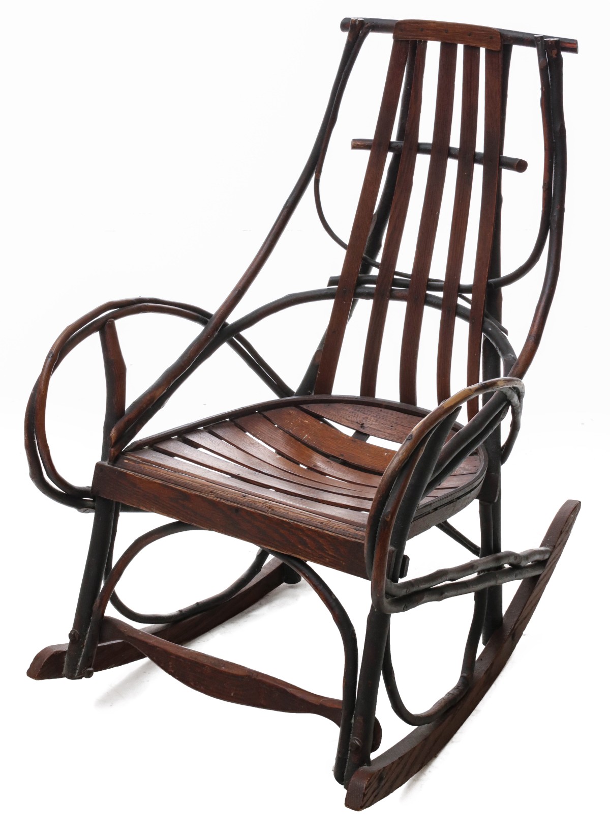 A FOLKY ADIRONDACK TYPE BENTWOOD AND TWIG ROCKING CHAIR