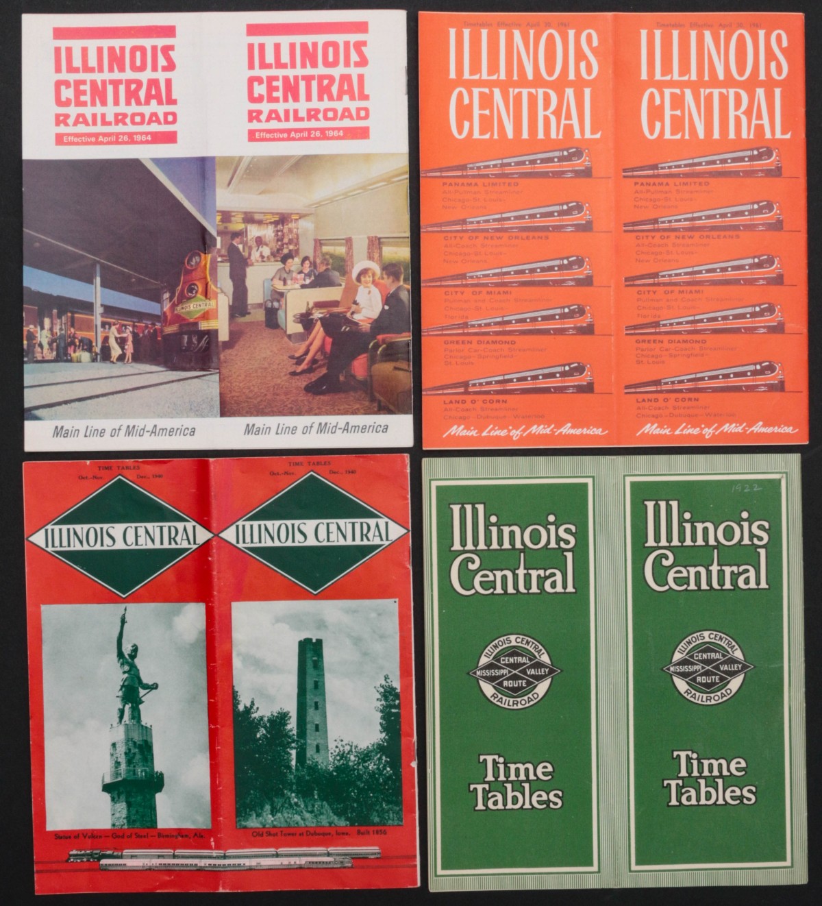 ILLINOIS CENTRAL RR TIMETABLES 1922, 1961, 1964 & 1940