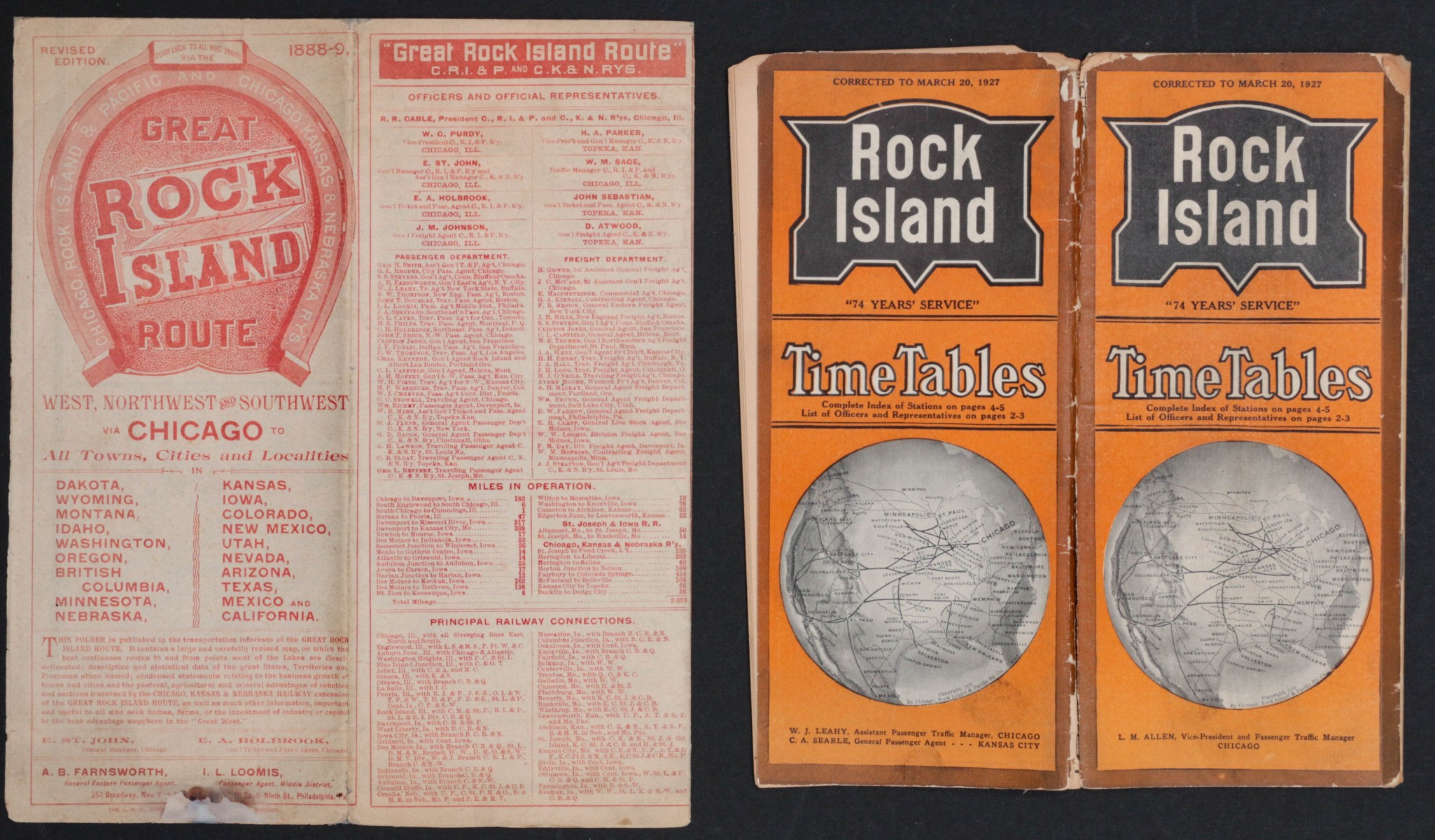 ROCK ISLAND RR TIMETABLES MARCH 1927 & REV ED NO DATE