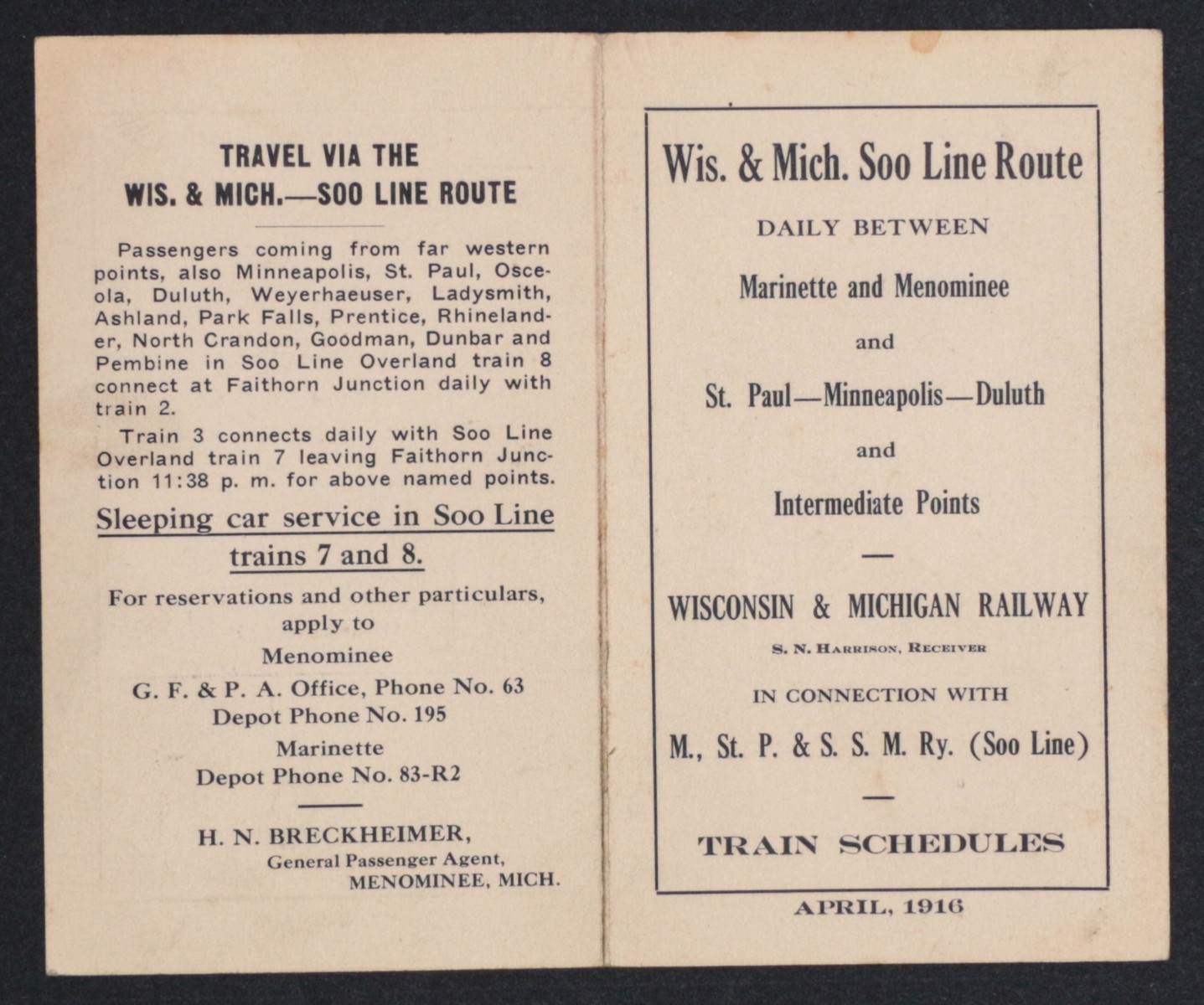 WIS. & MICH. SOO LINE ROUTE TIMETABLE FOR APRIL 1916