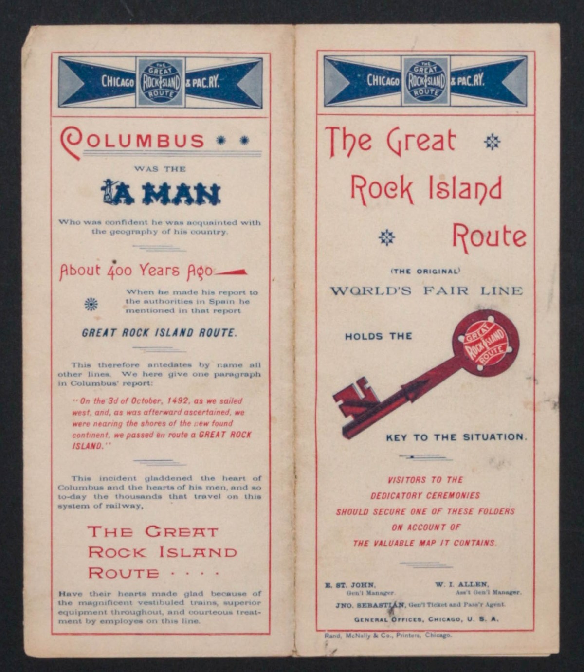 THE GREAT ROCK ISLAND ROUTE TIMETABLE DATED 1892