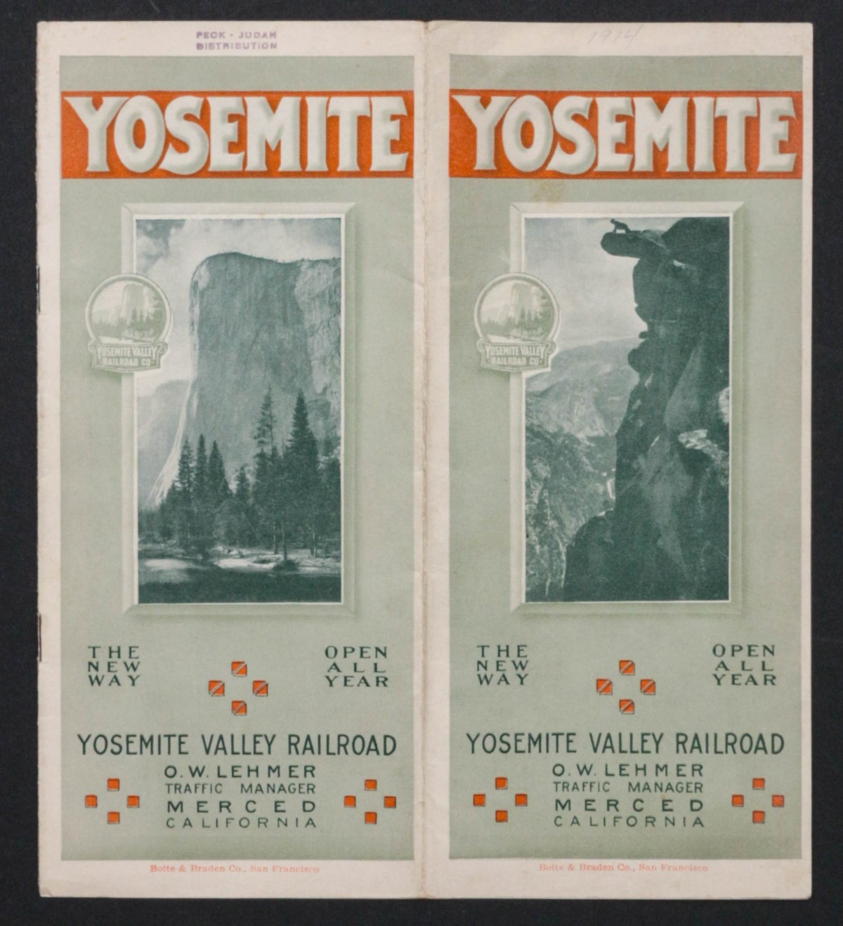 YOSEMITE VALLEY RR. TIMETABLE HAND-DATED 1914