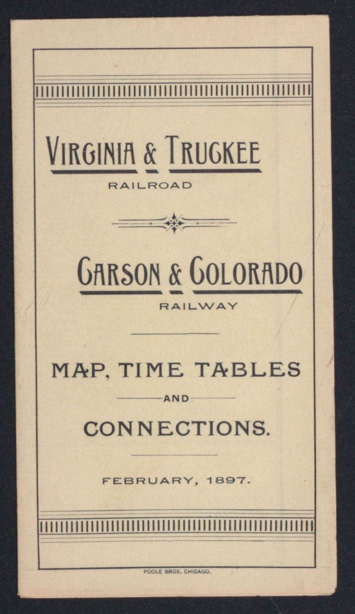 VIR. & TRUCKEE RR AND CARSON & COLO. RR TIMETABLE 1897