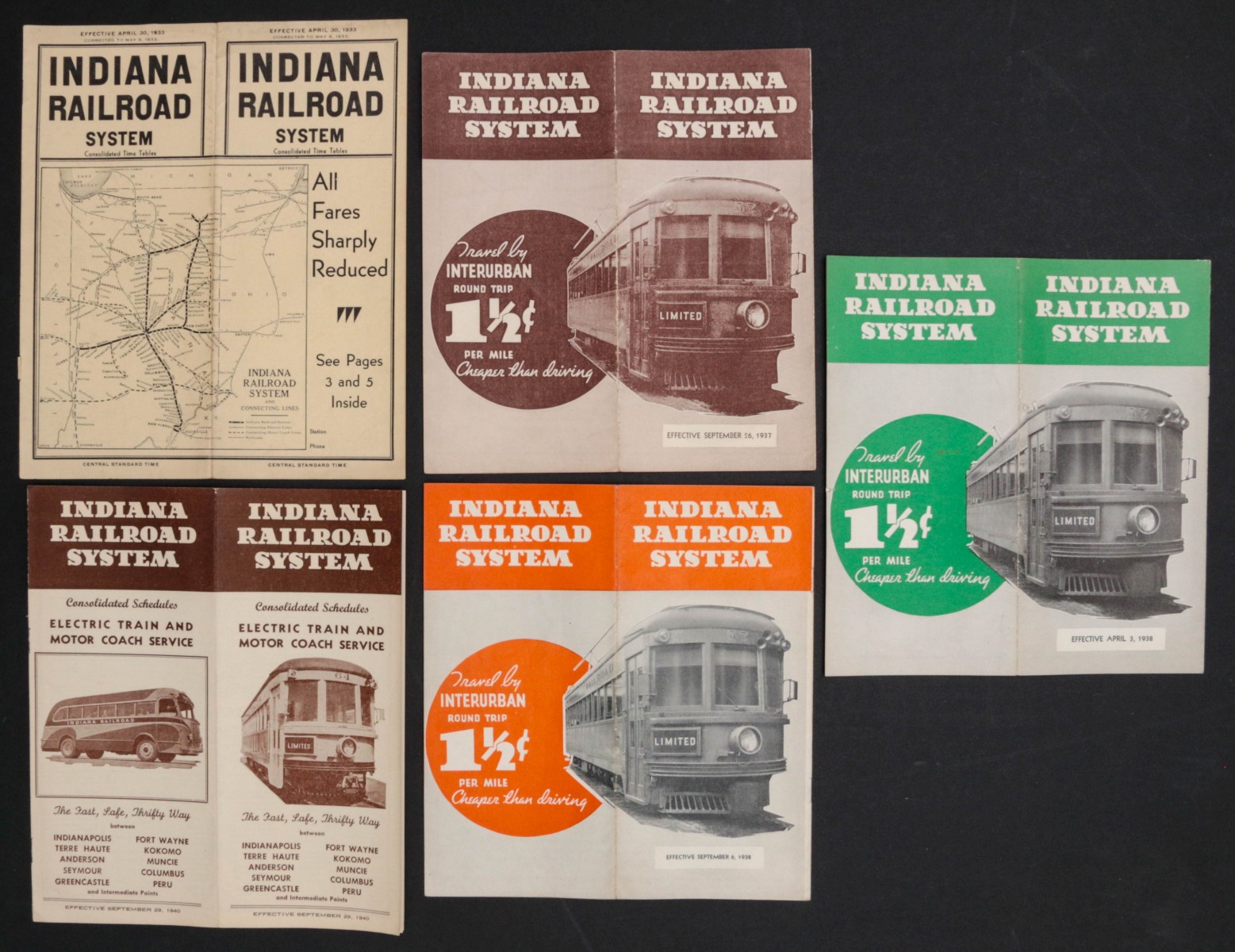INDIANA RR SYSTEM TIMETABLES (5) FOR VARIOUS DATES
