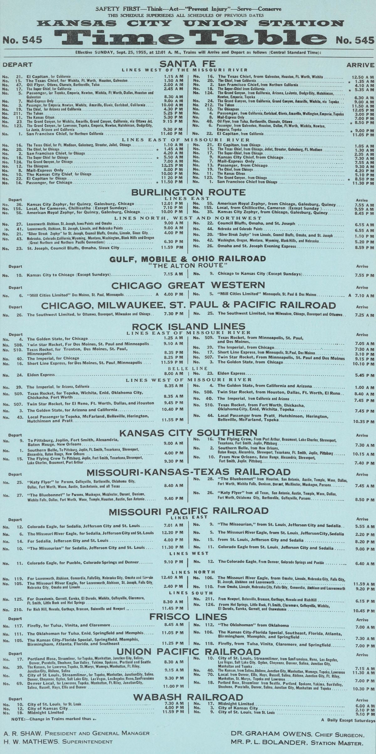 A 1955 KANSAS CITY UNION STATION BROADSIDE TIMETABLE