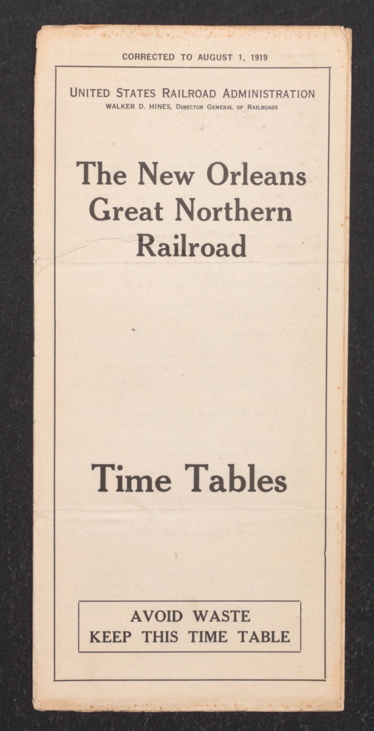 NEW ORLEANS GREAT NORTHERN RR TIMETABLE FOR 1919
