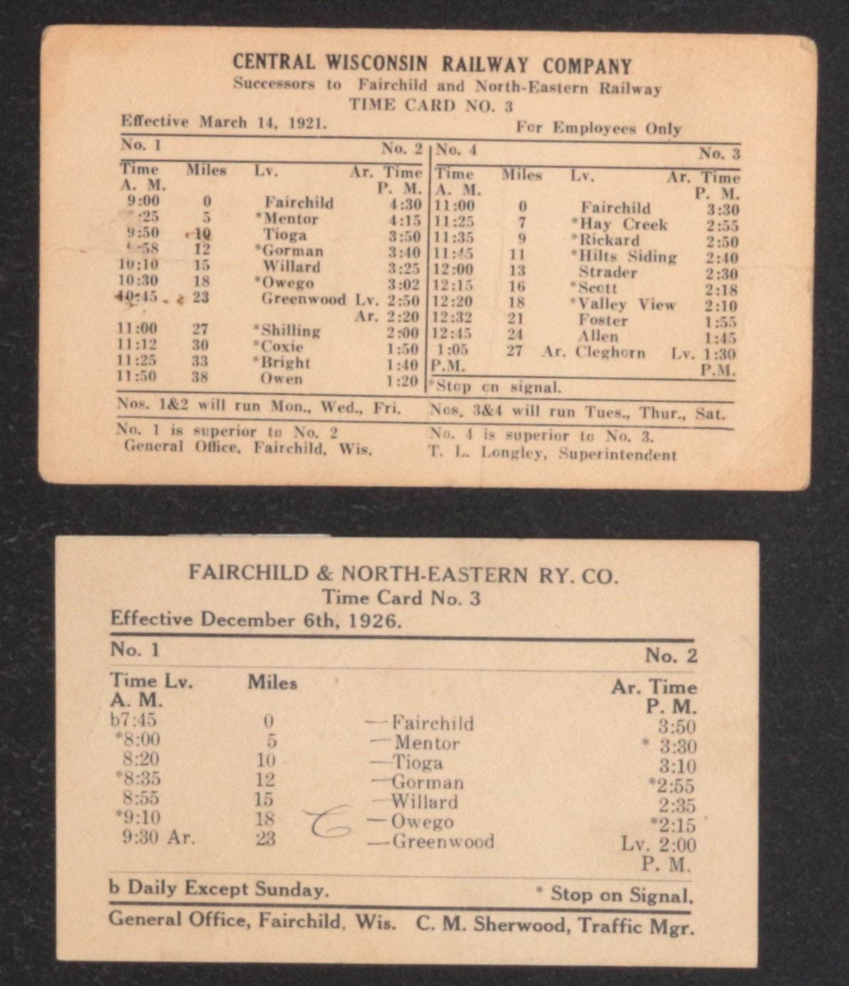 FAIRCHILD & NORTH-EASTERN RAILWAY TIME CARDS CA. 1920s