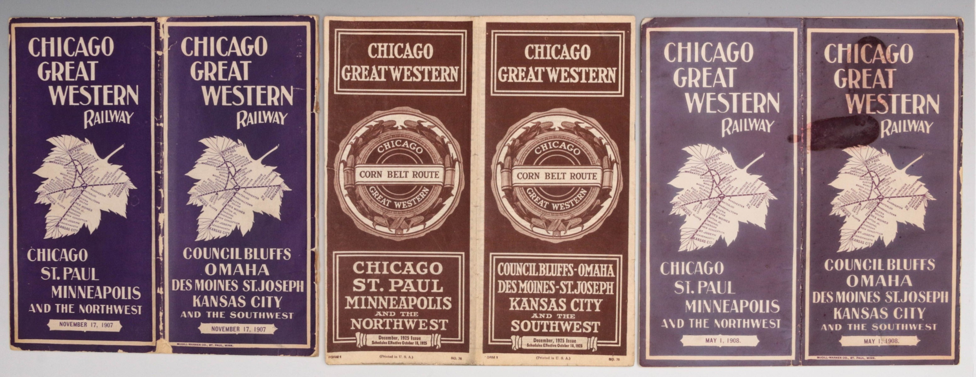 CHICAGO GREAT WESTERN RR TIMETABLES FOR 1907, '08, '25