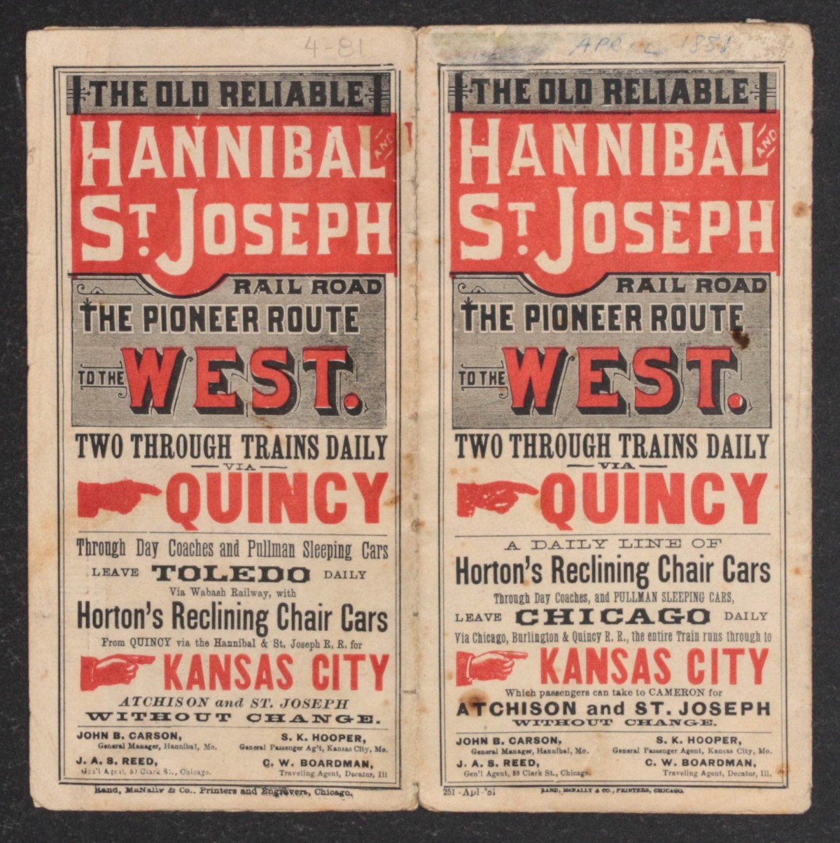 HANNIBAL AND ST. JOSEPH RAILROAD TIMETABLE FOR 1881