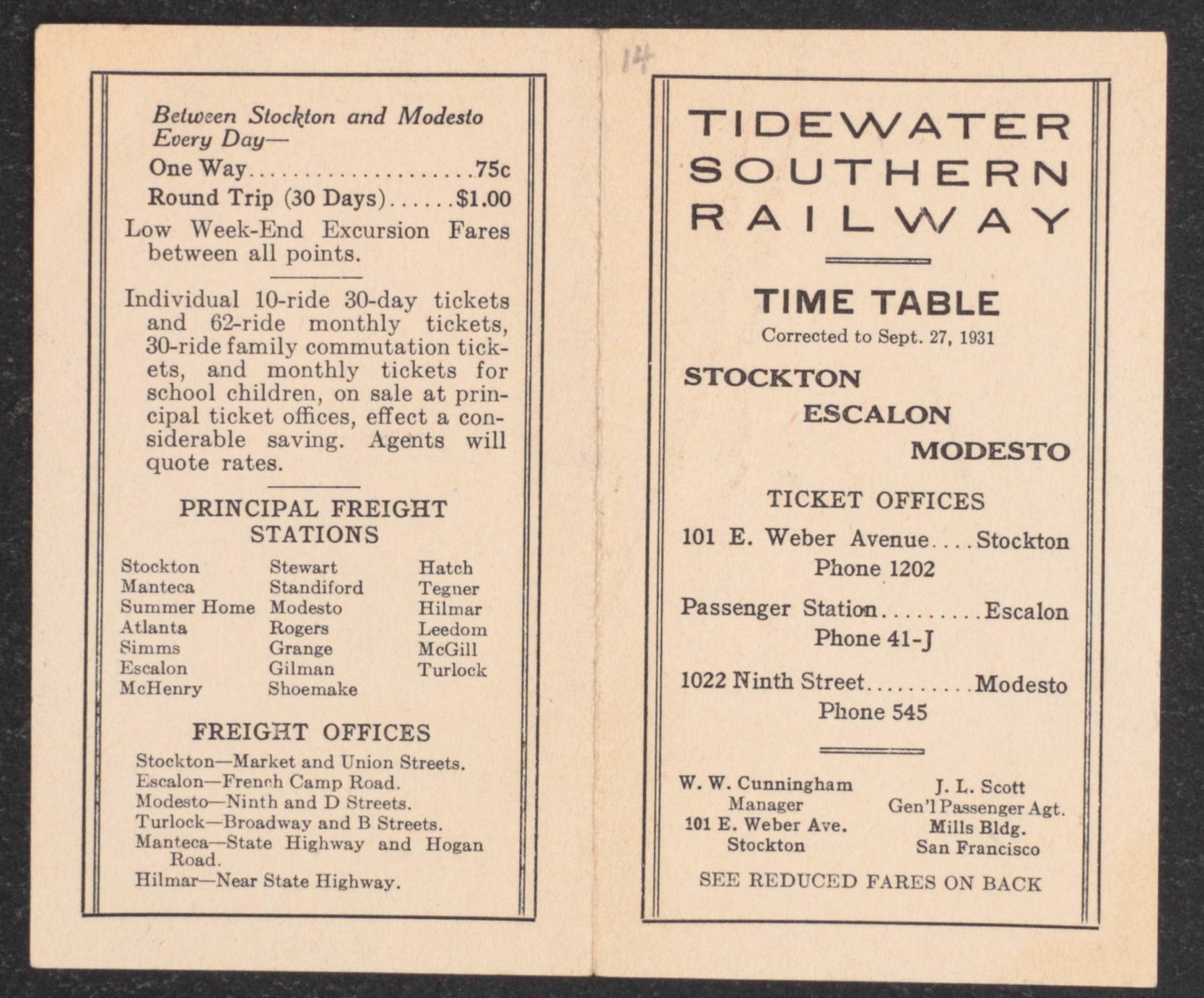 TIDEWATER SOUTHERN RAILWAY TIMETABLE FOR 1931