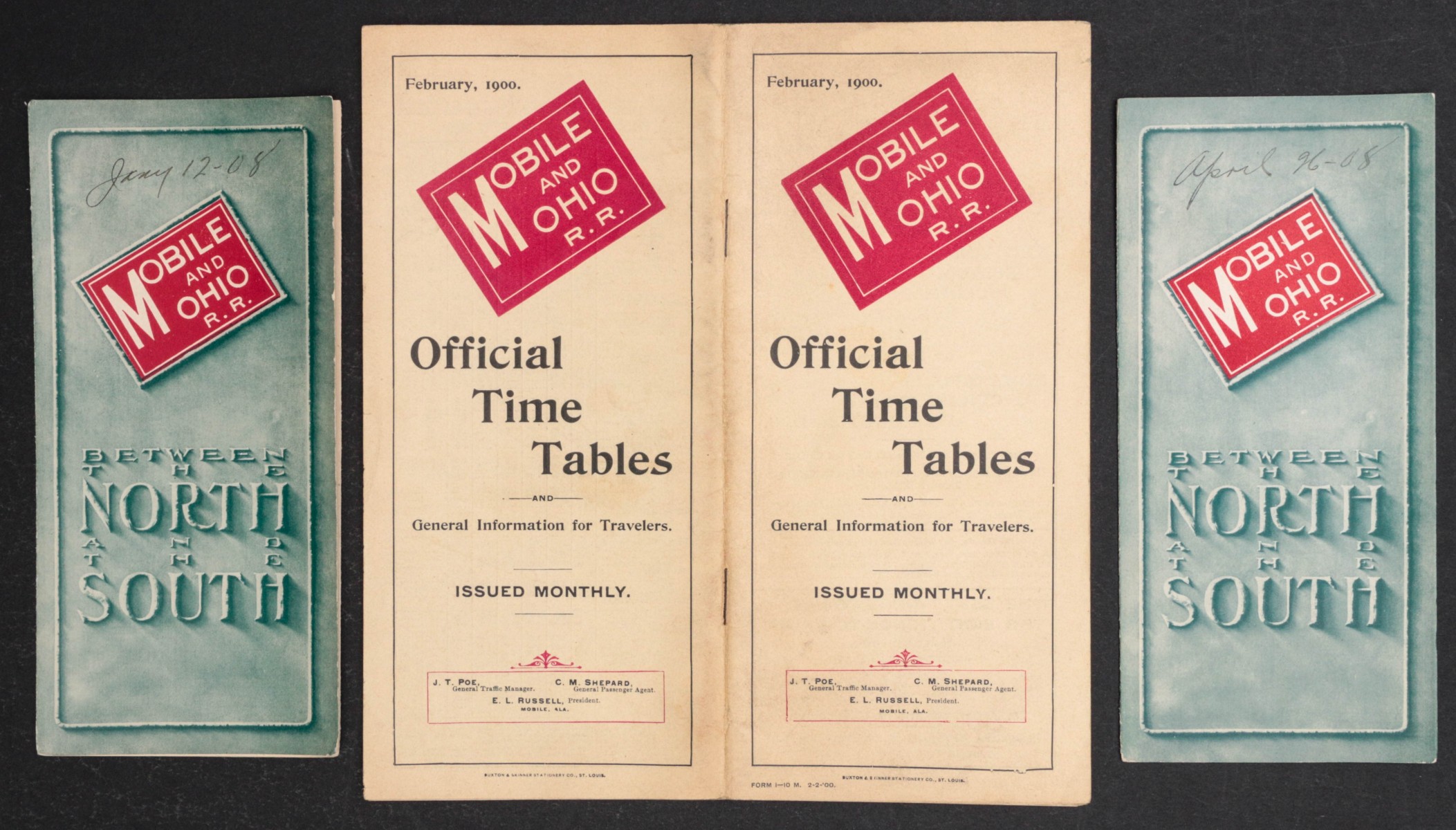 MOBILE & OHIO R.R. TIMETABLES FOR 1900, 1908 & 1908