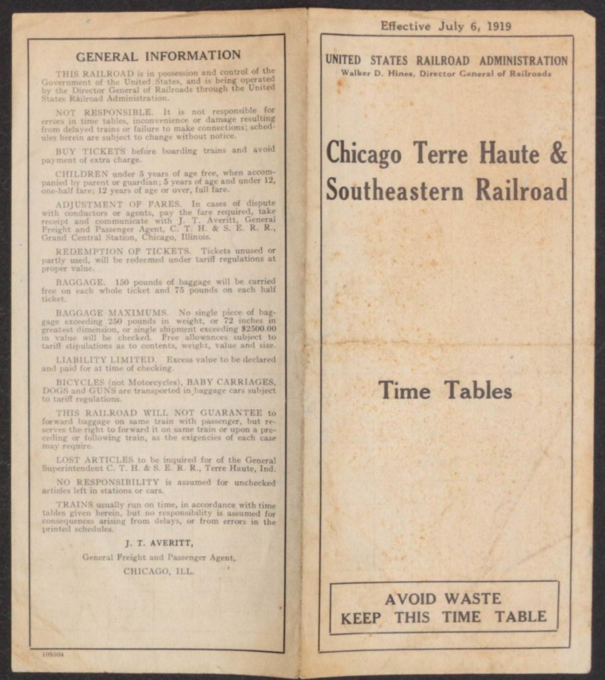CHICAGO, TERRE HAUTE & SOUTHEASTERN RR TIMETABLE 1919