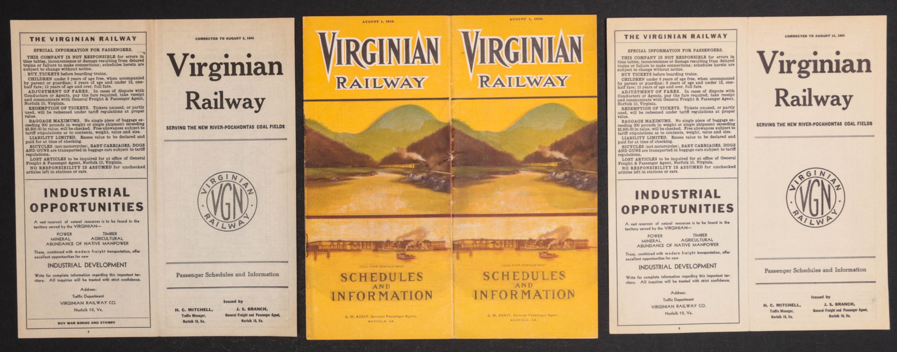 VIRGINIAN RAILWAY TIMETABLES FOR 1910, 1945 & 1949