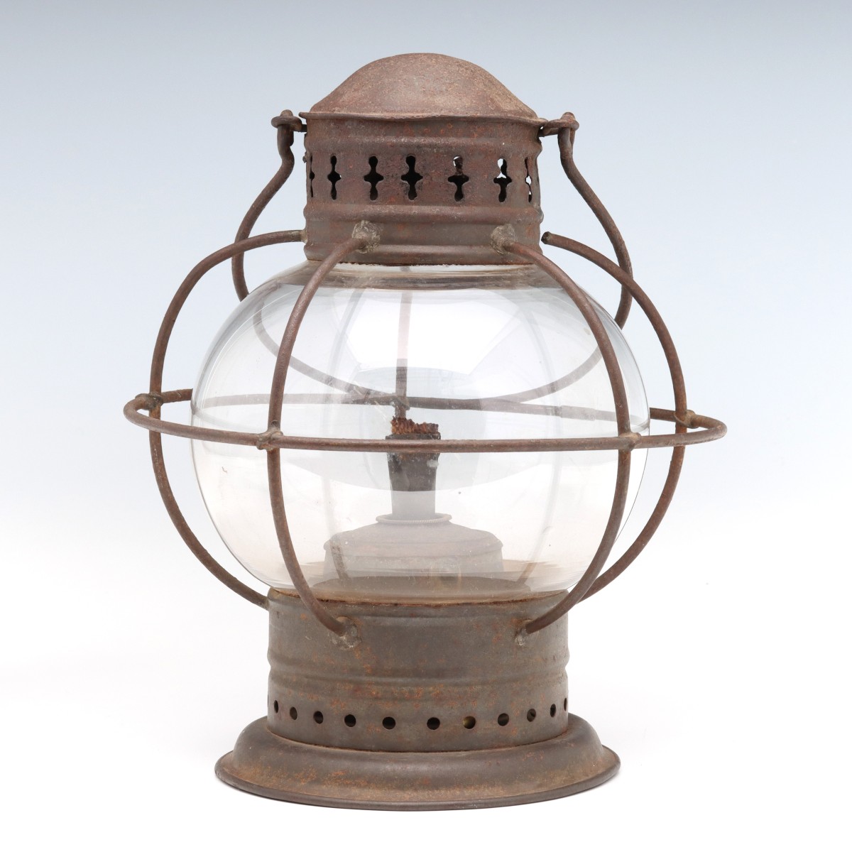 A TIN LANTERN WITH ONION GLOBE STAMPED SANGSTERS 1851