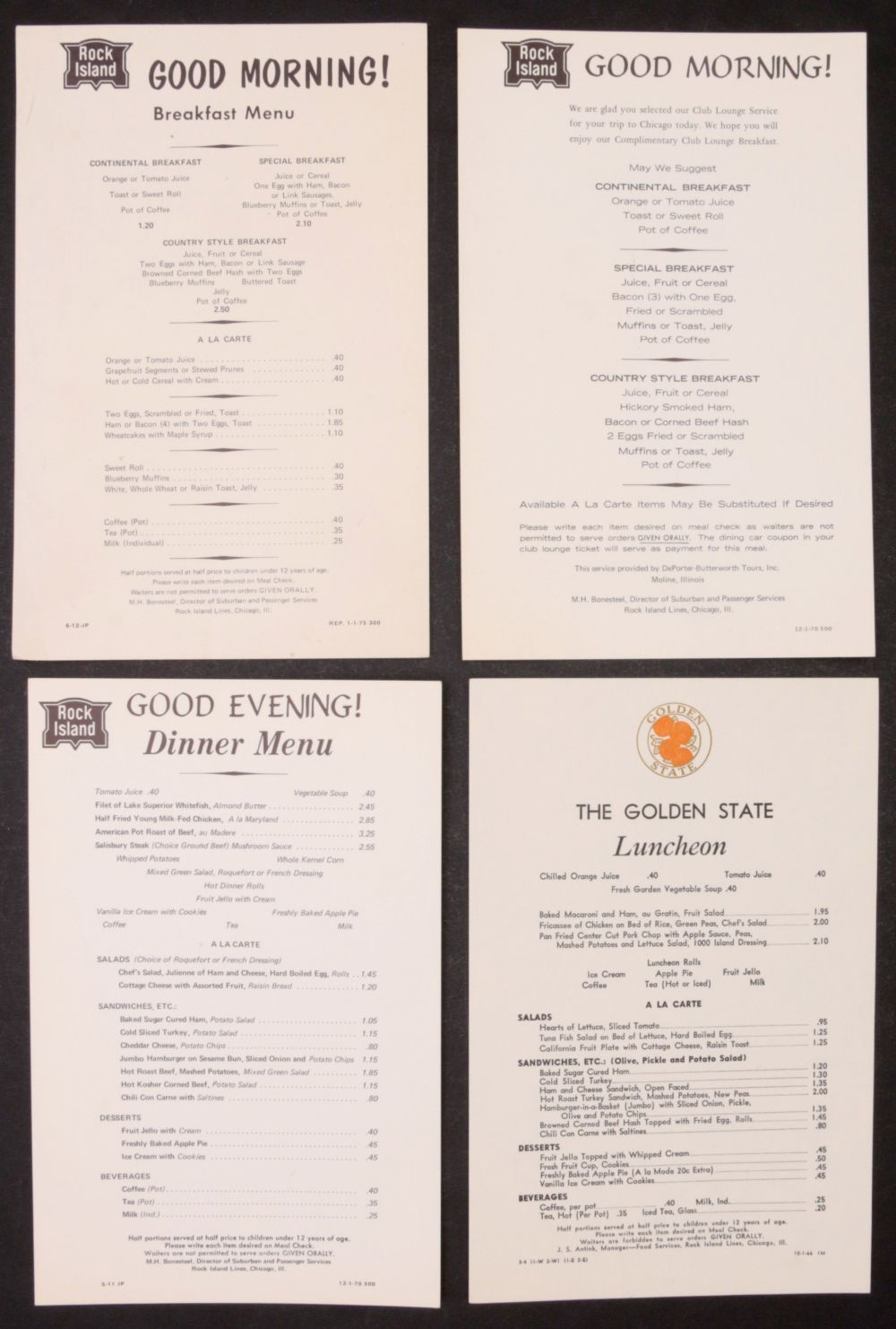 A COLLECTION OF RAILROAD DINING CAR MENUS 1930-1970