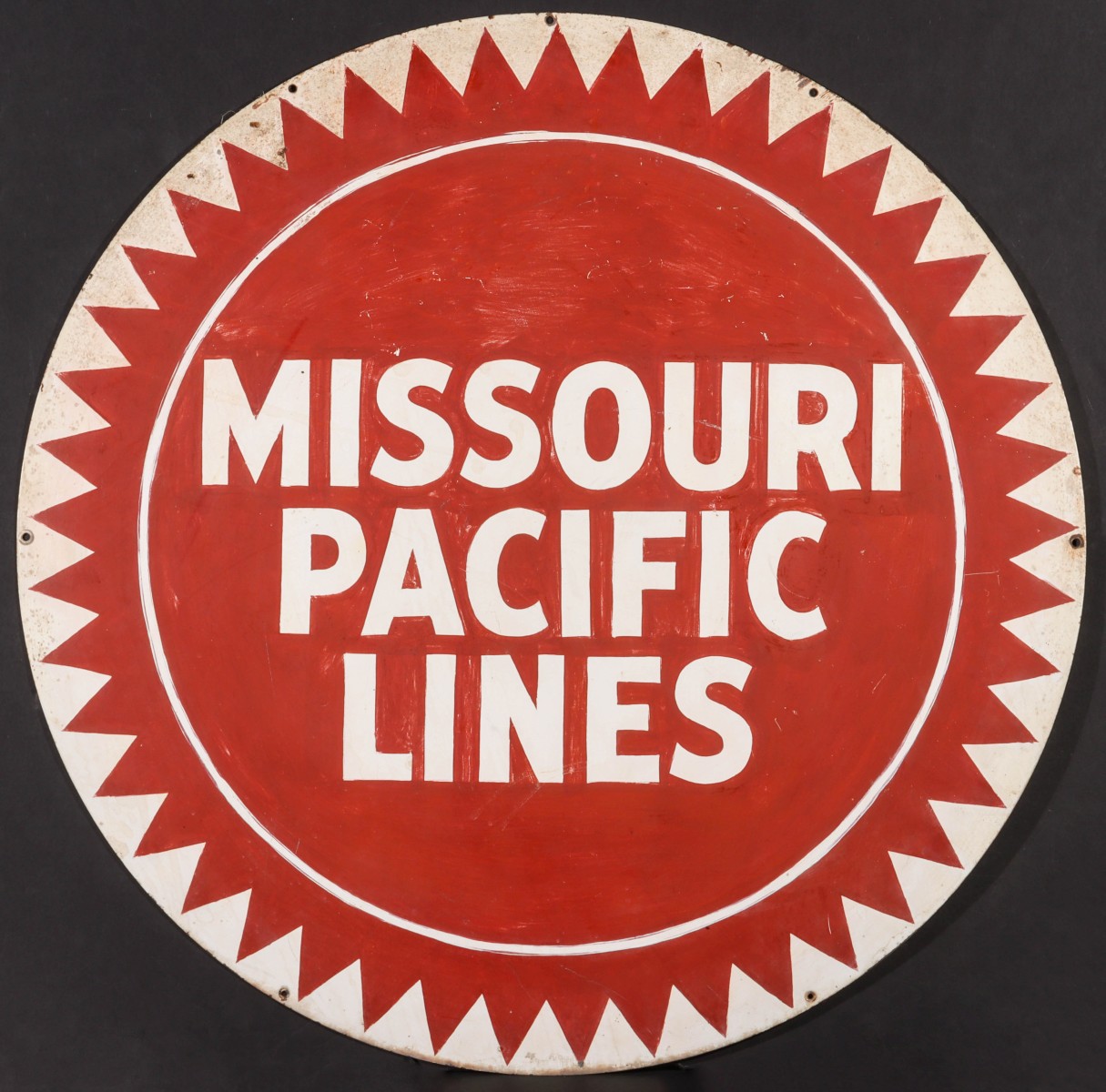 A HAND PAINTED MISSOURI PACIFIC LINES SHEET METAL SIGN