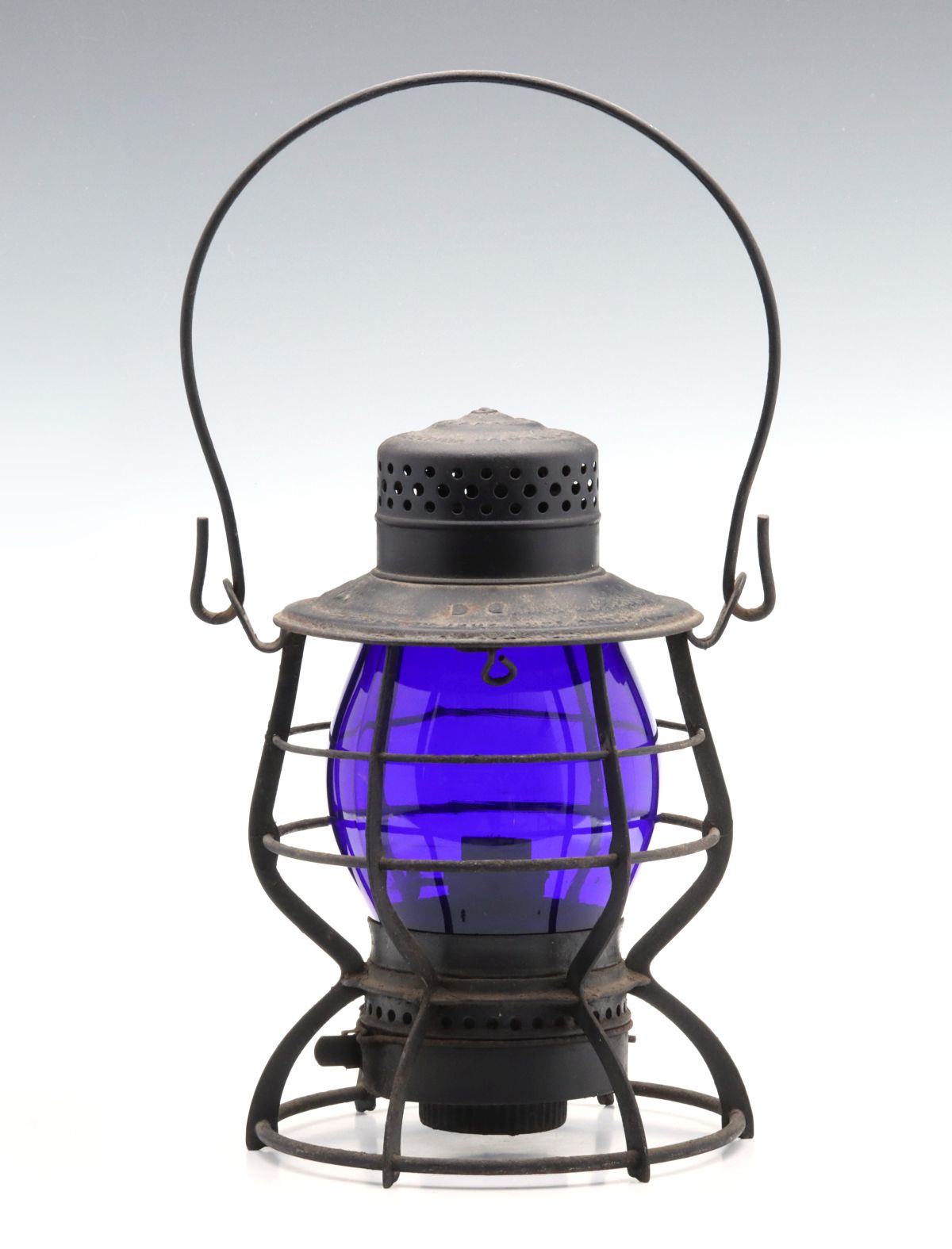 A TALL RAILROAD LANTERN EMBOSSED A.C.L WITH BLUE GLOBE