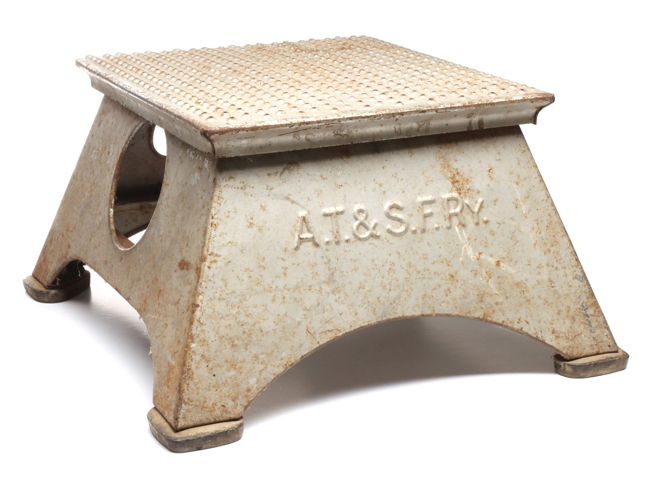 A PRESSED STEEL STEP BOX EMBOSSED A.T.&S.F.RY.