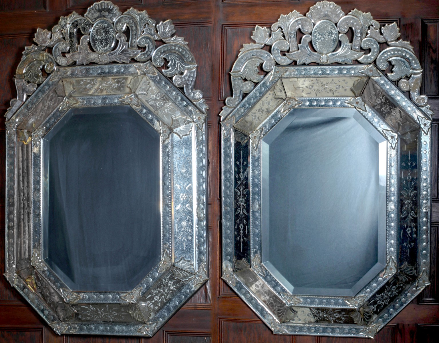 A PAIR LARGE EARLY 20C. CUT ENGRAVED VENETIAN MIRRORS
