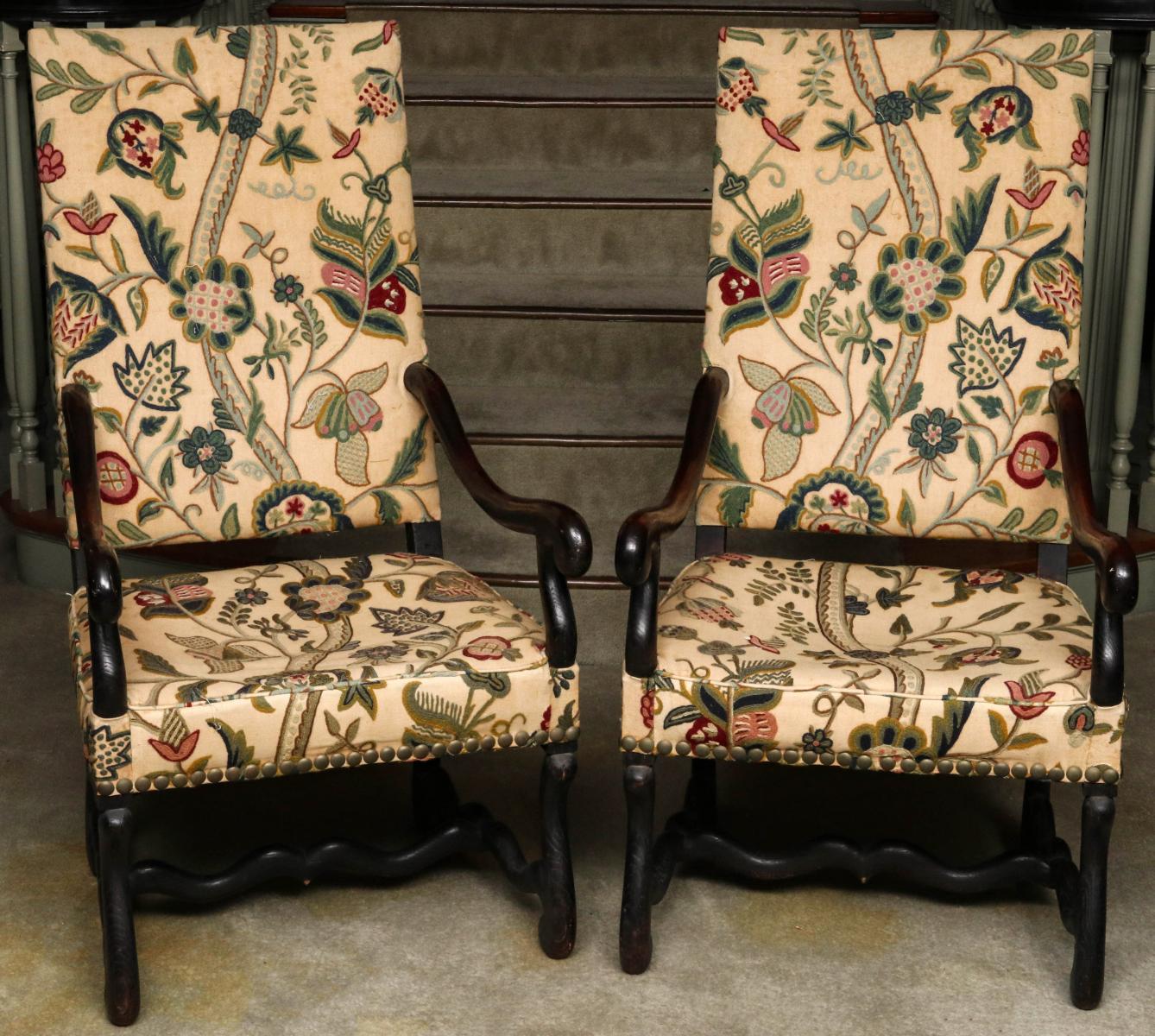 A PAIR 17TH C. FRENCH OS DE MOUTON HIGHBACK ARM CHAIRS