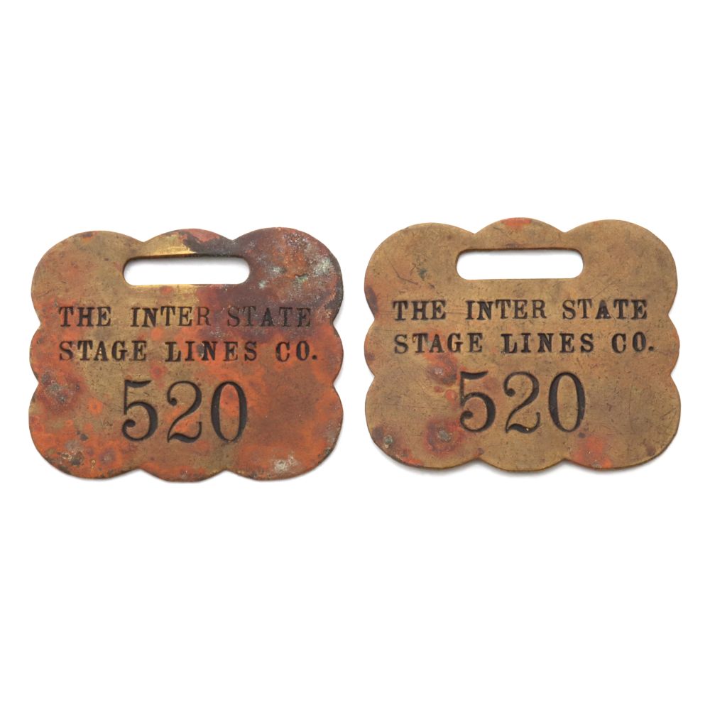 A PAIR OF INTER STATE STAGE LINES BRASS BAGGAGE TAGS