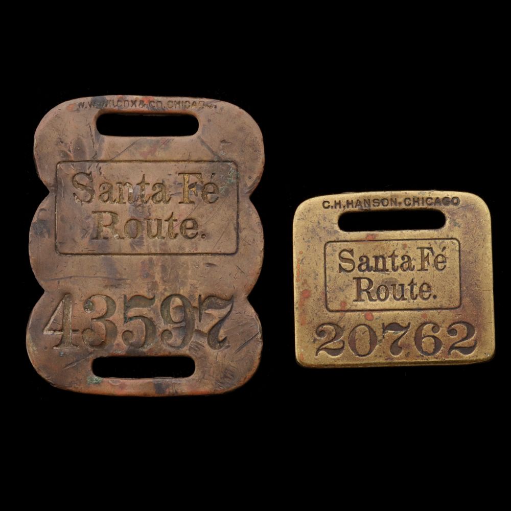 EARLY 20TH C. SANTA FE ROUTE BRASS BAGGAGE TAGS