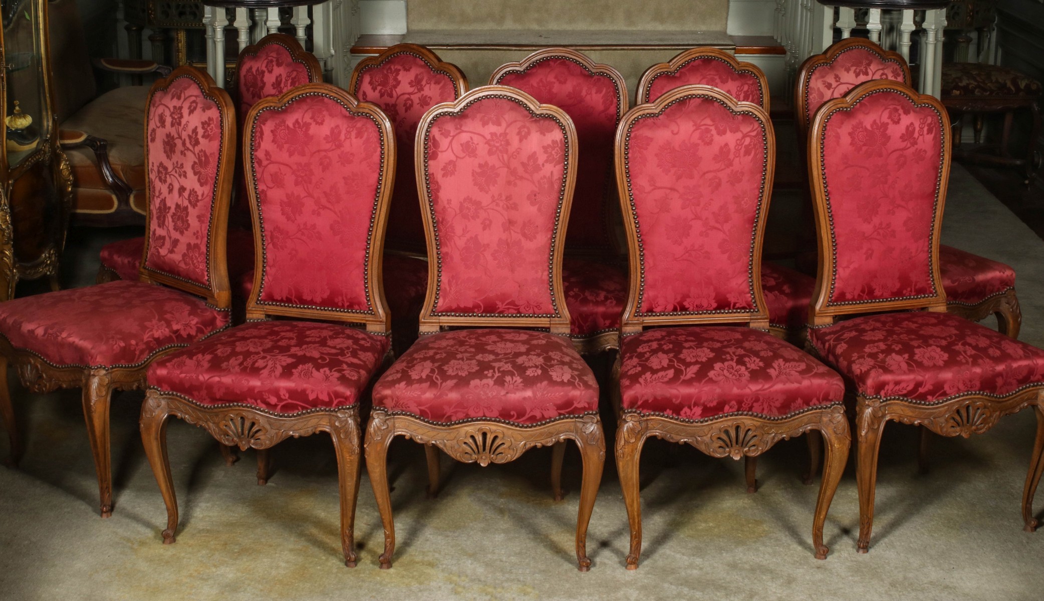 TEN HIGHLY CARVED 19TH C. LOUIS XV STYLE DINING CHAIRS