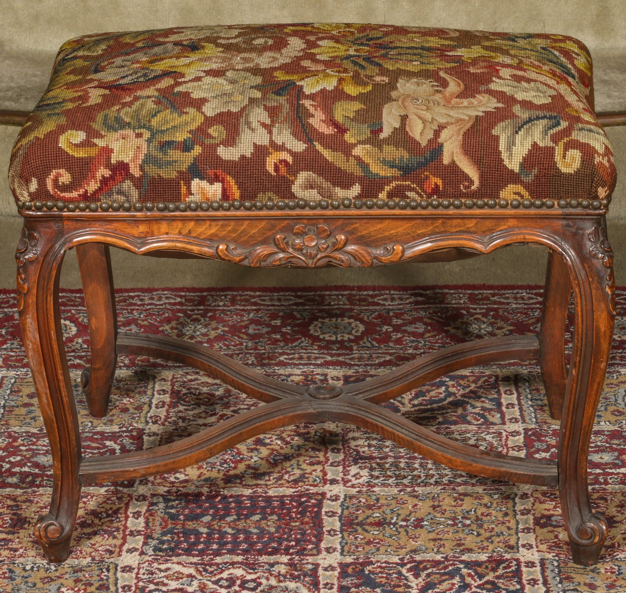 A GOOD 19TH C. LOUIS XV STYLE STOOL WITH NEEDLEPOINT