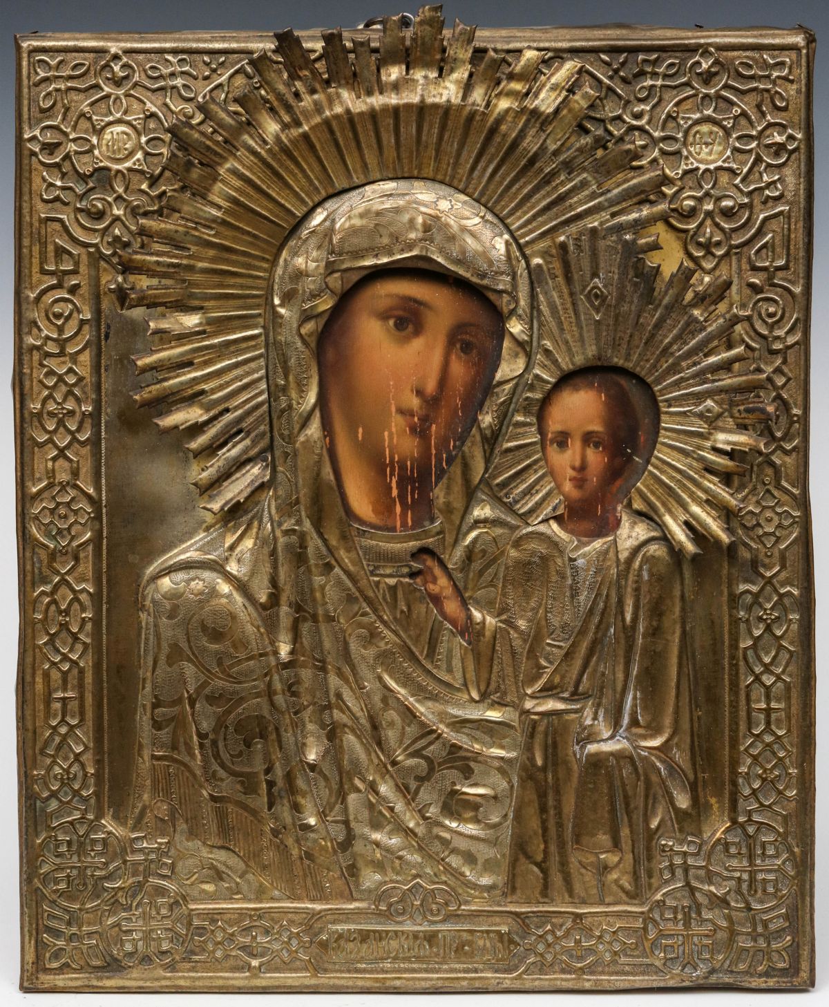 A LATE 19C RUSSIAN ICON OF THE KAZANSKAYA MOTHER OF GOD