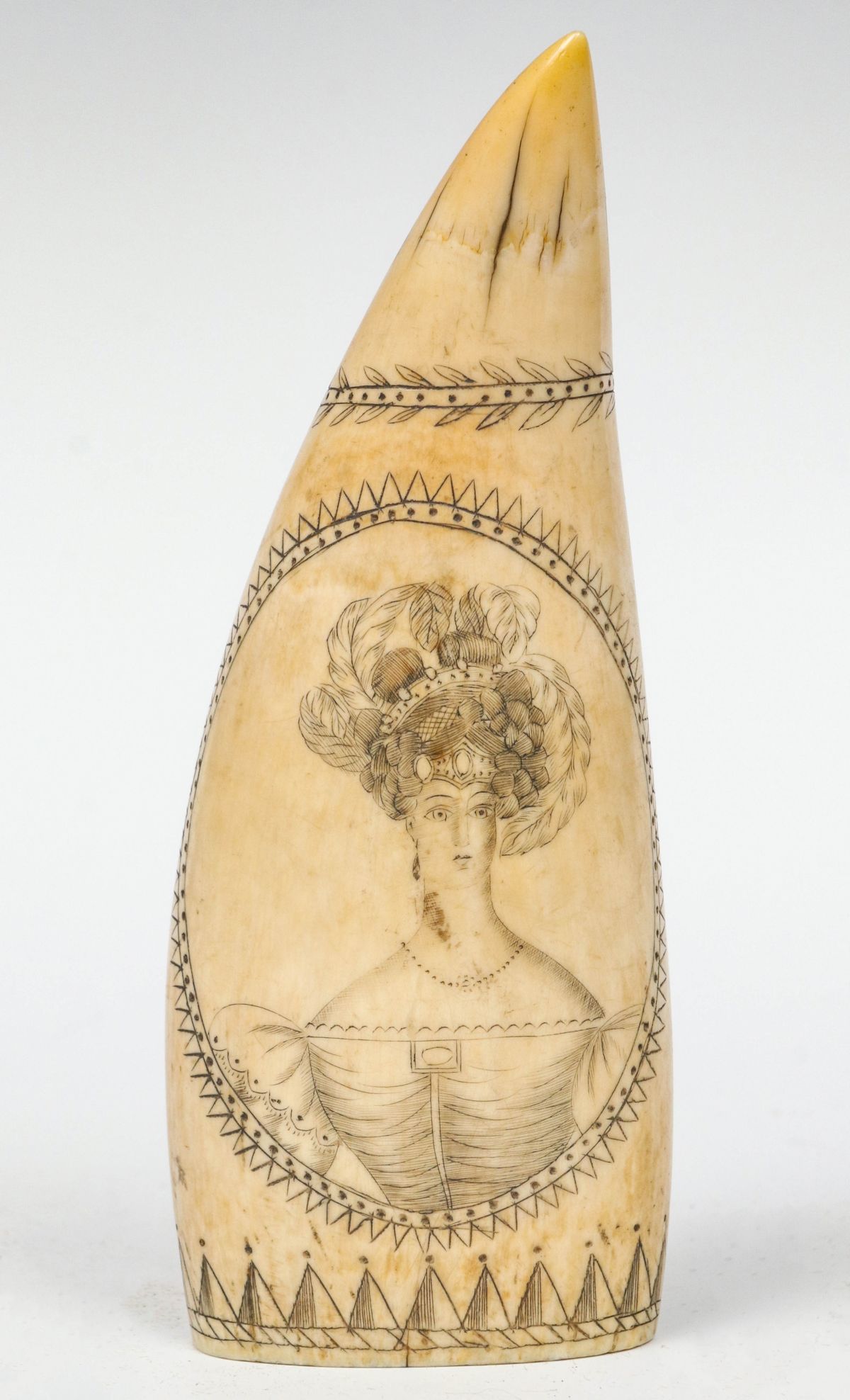 A VERY GOOD EARLY 19TH CENTURY SCRIMSHAW WHALE'S TOOTH
