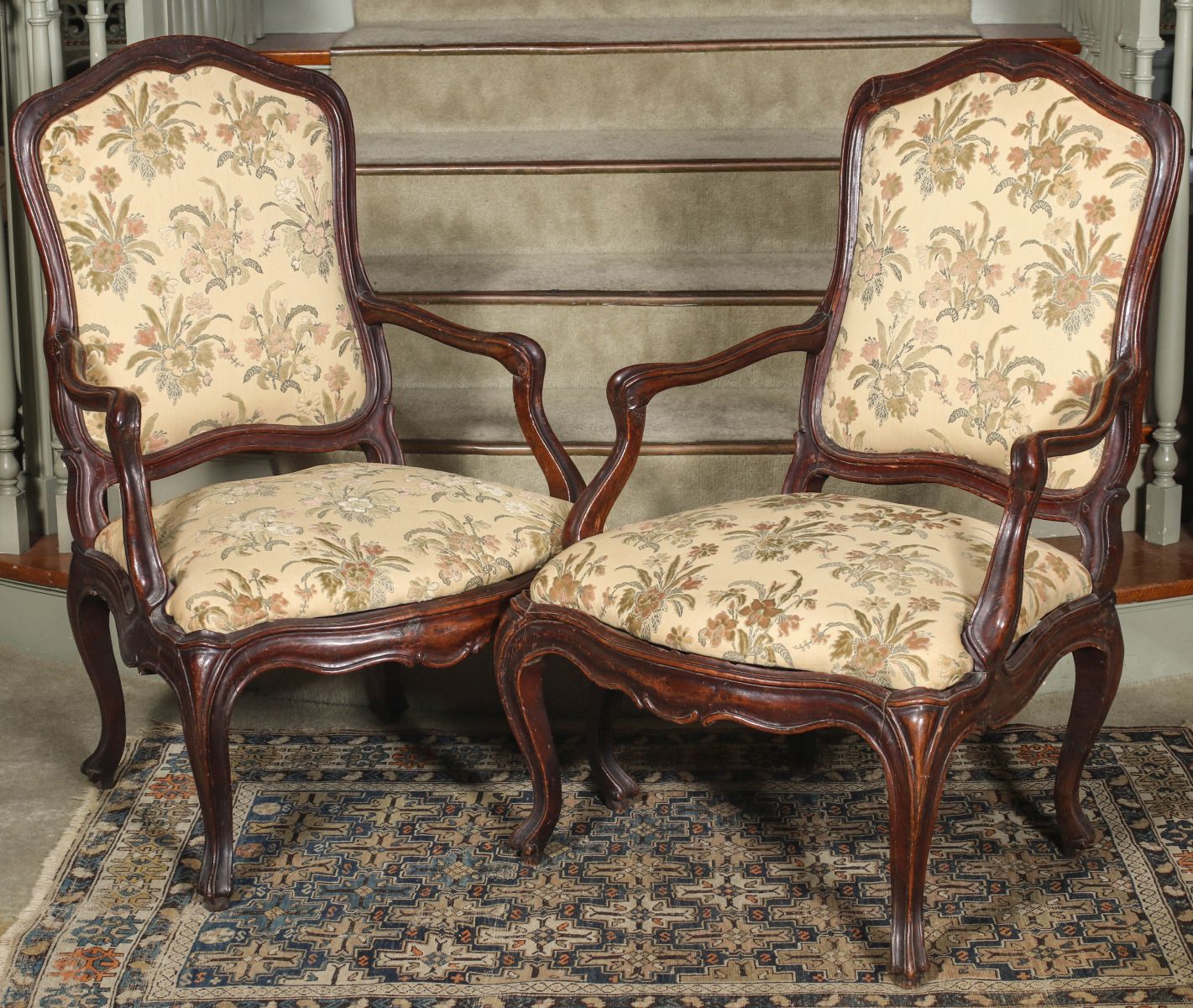 A PAIR EARLY 18TH CENTURY ITALIAN FRUITWOOD ARM CHAIRS
