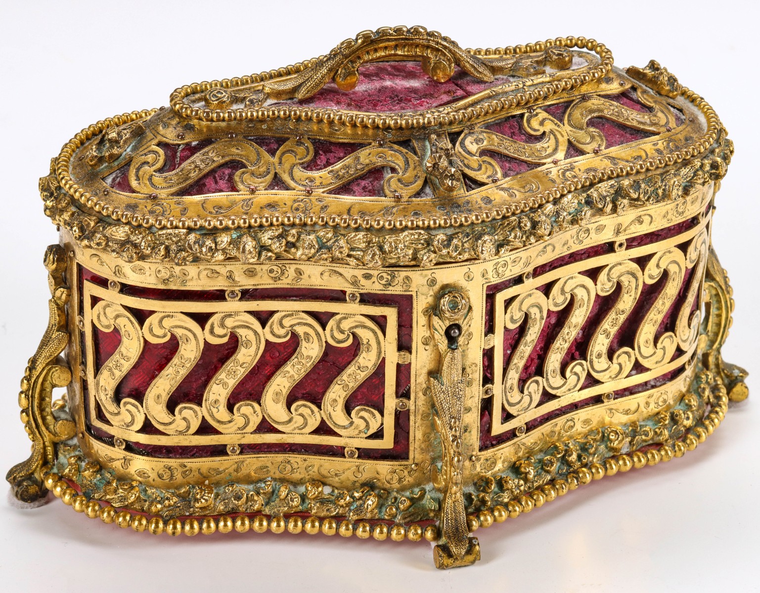 A MID 20TH C. BRASS CASKET WITH HAND ENGRAVED DETAIL