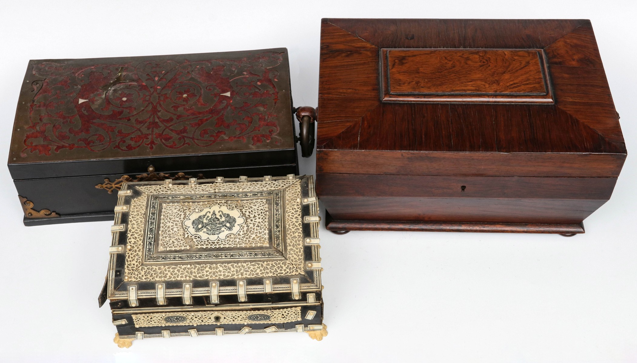 BOULLE STYLE AND OTHER 19TH CENTURY BOXES AS FOUND