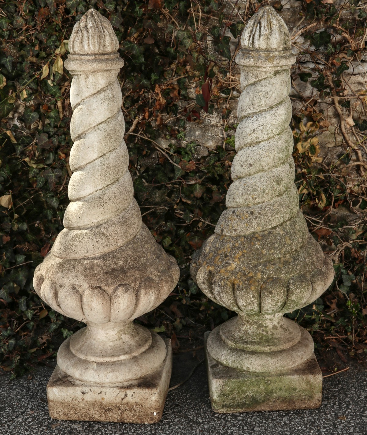 A PAIR CONCRETE FLAMING URN ARCHITECTURAL FINIALS