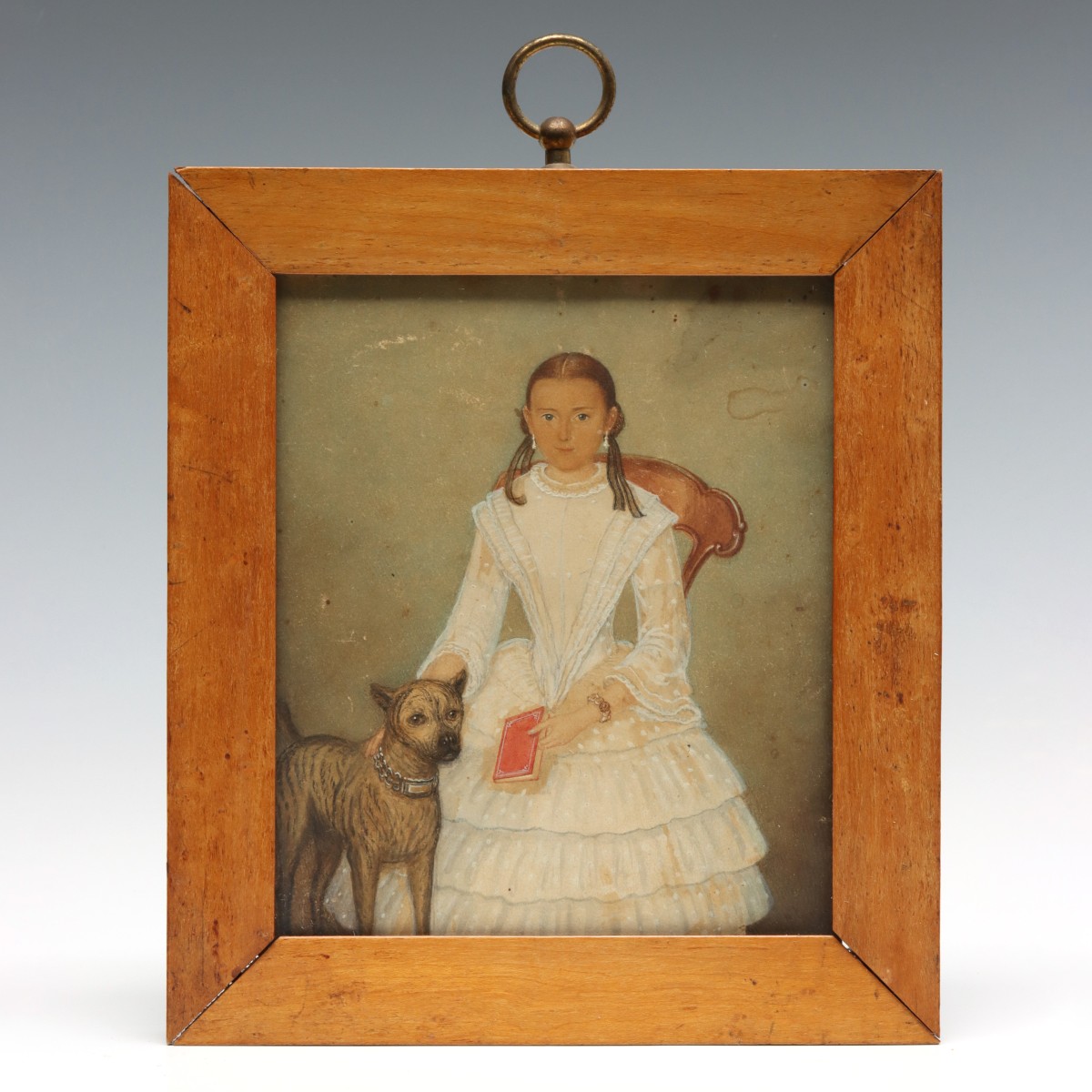 A 19TH C. MINIATURE PORTRAIT OF GIRL WITH DOG