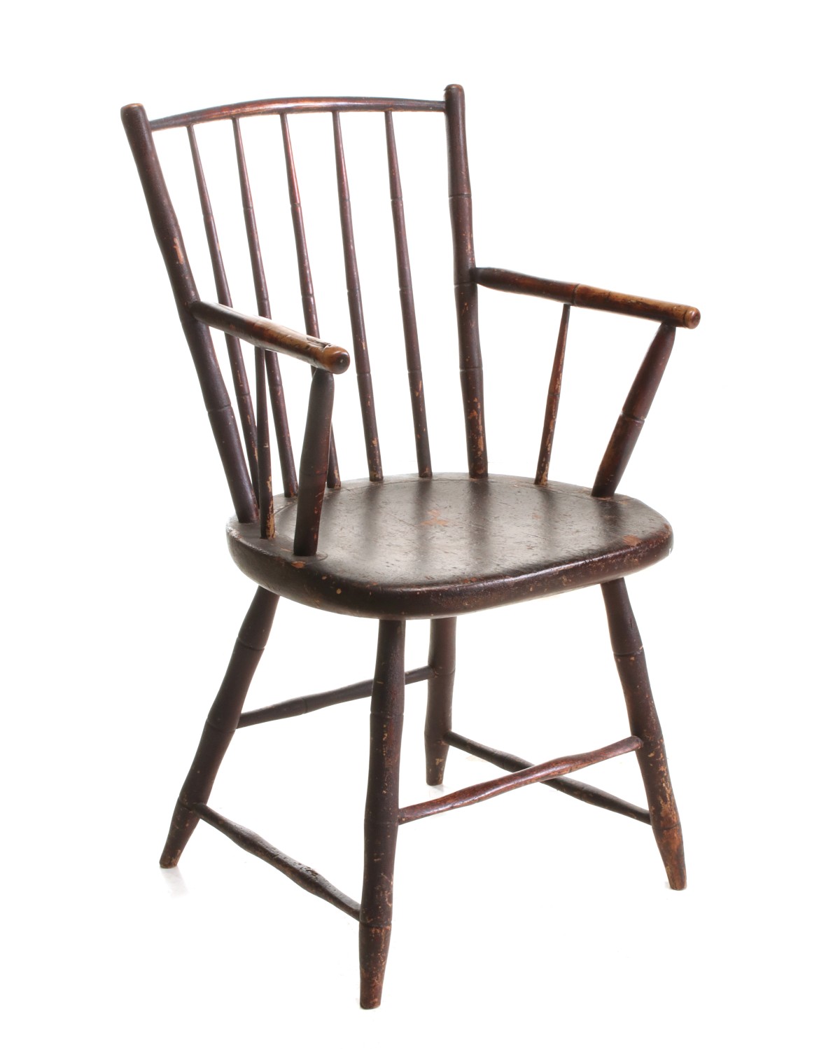 A ROD BACK WINDSOR ARM CHAIR IN OLD RED PAINT C. 1800