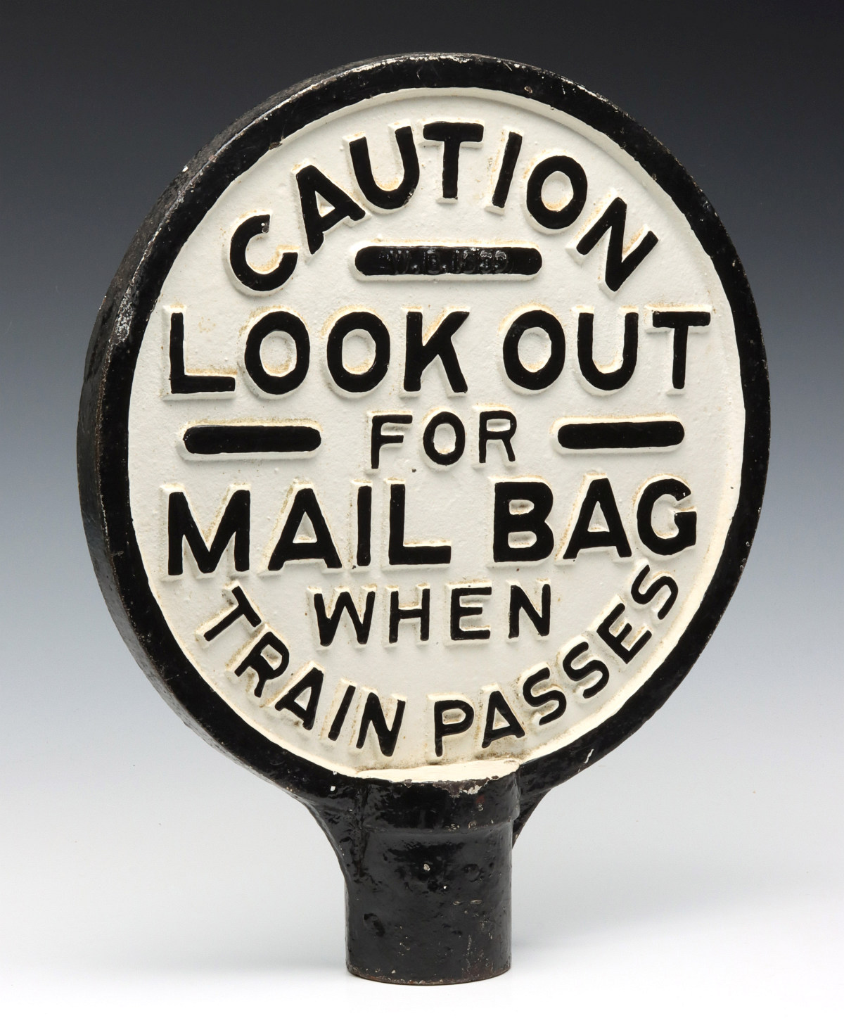IRON SIGN WITH CAST LETTERING 'LOOK OUT FOR MAIL BAG'