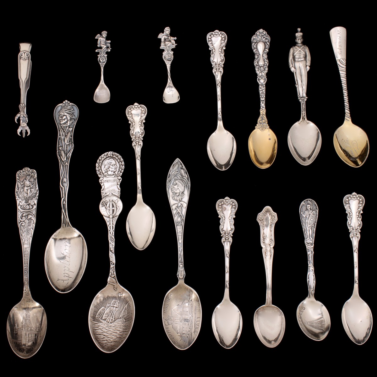 STERLING SILVER AND OTHER SPOONS INCL SOUVENIR SPOONS
